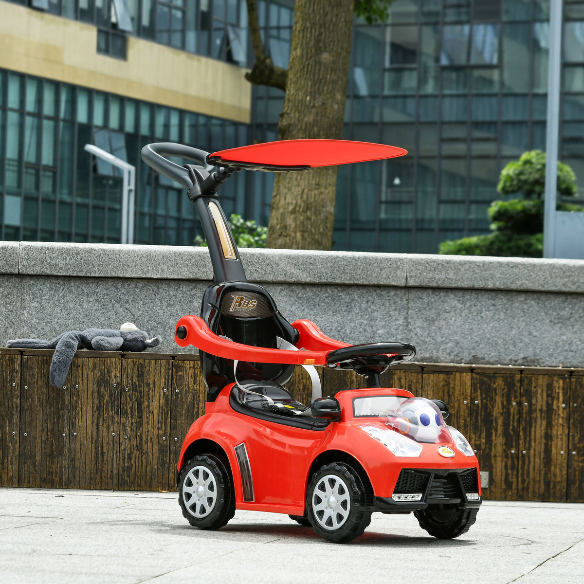 3 in 1 Push Car Sliding Car with Removable Handle, Music, Horn, Canopy, Safety Guardrail, Red