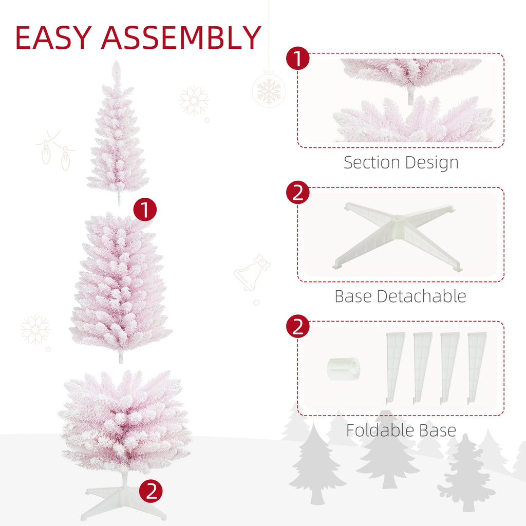 7' Decorated Christmas Tree Snow Flocked Artificial Christmas Tree with Pencil Shape, Realistic Branches, Pink