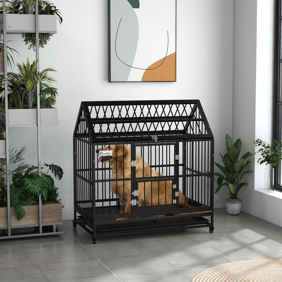 48" Heavy Duty Dog Crate with 4 Lockable Wheels, Double Doors, and Removable Tray, for XL and L Dogs