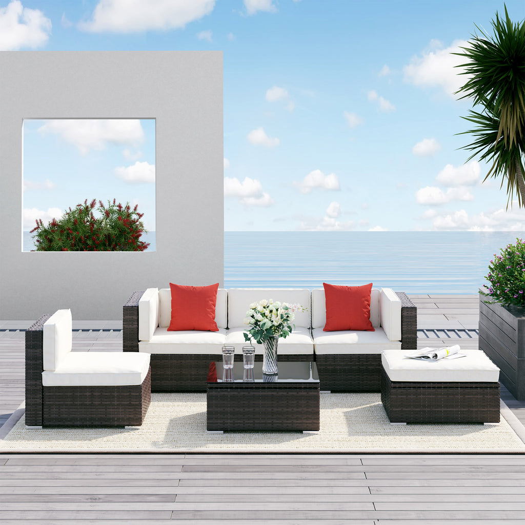 6 Piece Patio Furniture Set Outdoor Wicker Conversation Set All Weather PE Rattan Sectional Sofa Set with Ottoman, Cushions and Tempered Glass Table, Mixed Brown and Cream White