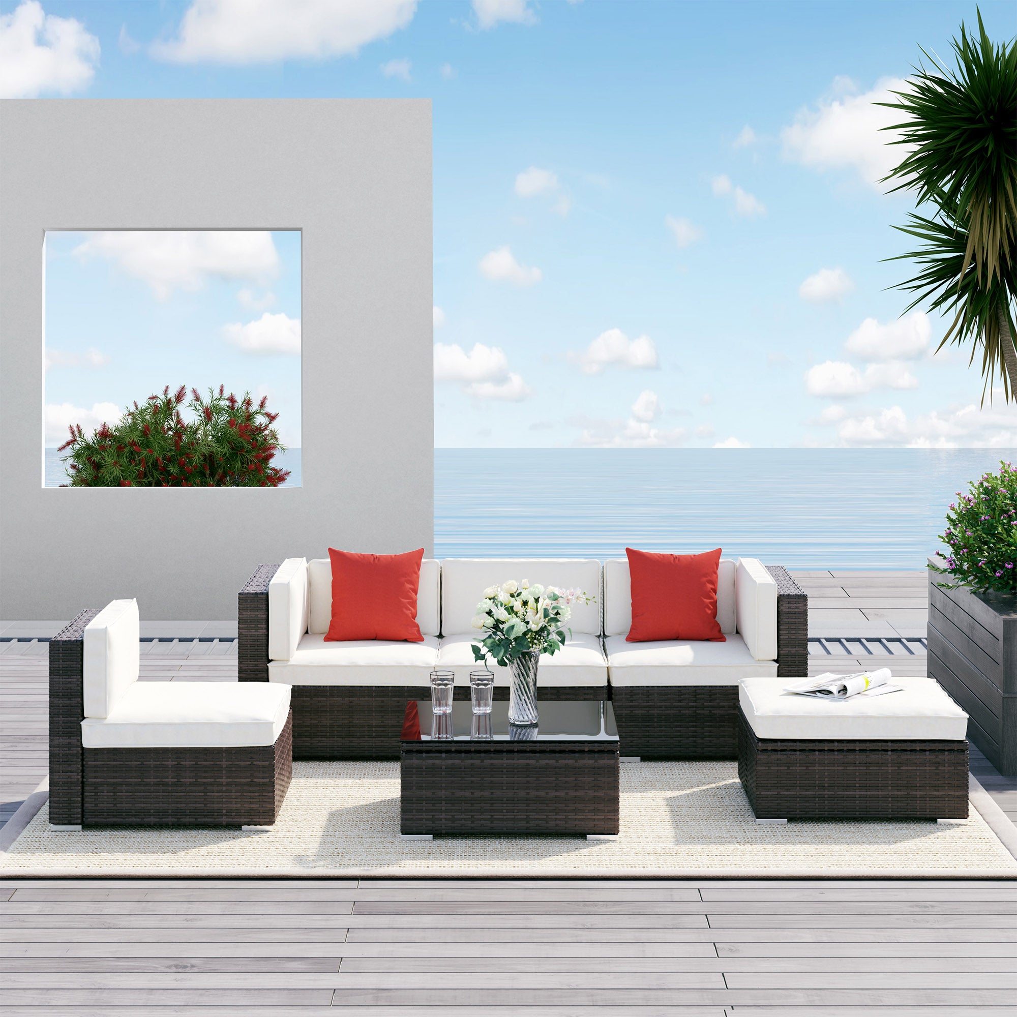 6 Piece Patio Furniture Set Outdoor Wicker Conversation Set All Weather PE Rattan Sectional Sofa Set with Ottoman, Cushions and Tempered Glass Table, Mixed Brown and Cream White