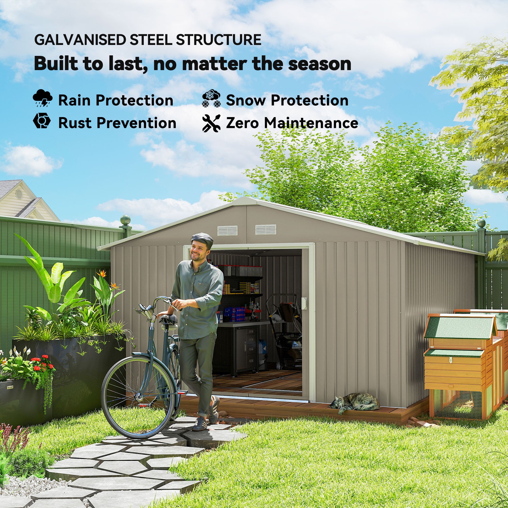 Garden Metal Shed, Storage Shed Utility Storage with Double Locking Doors for Bike, Yard Tools, Light Gray
