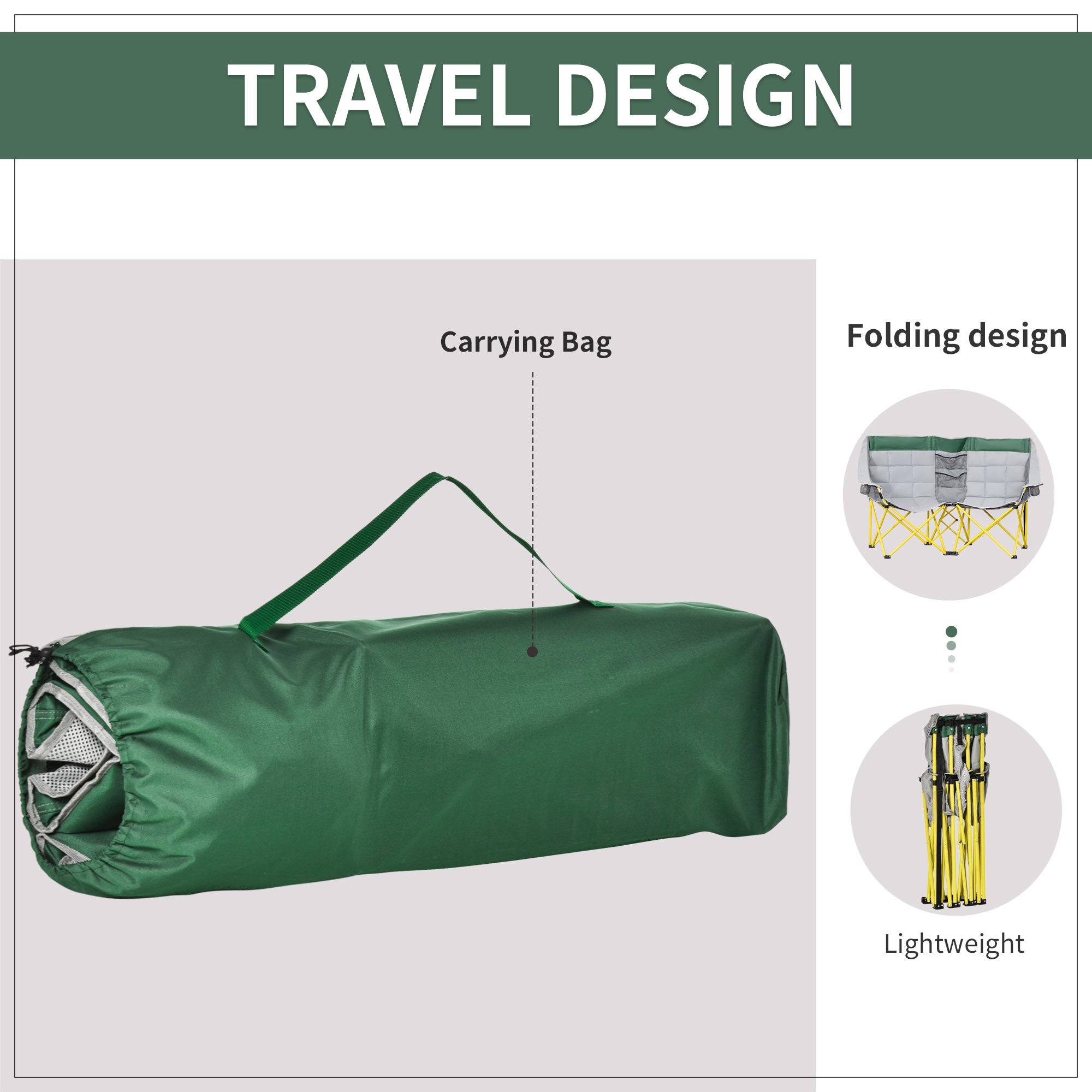 Loveseat Style Camping Chair, Oversized Folding Lawn Chair with Carry Bag & Cup Holders, for Outdoor, Green & Gray