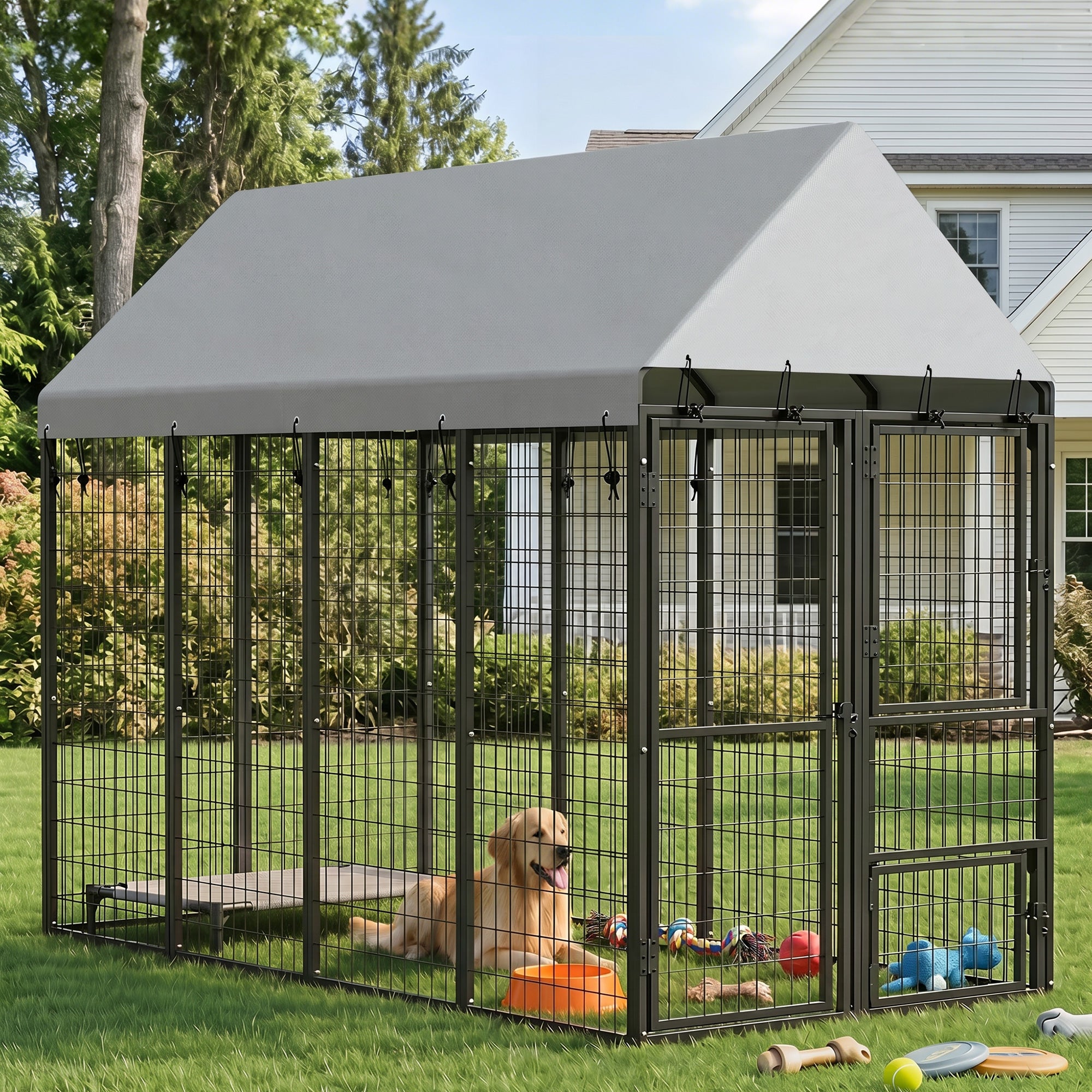Large Dog Kennel Outdoor with Roof, 3 Doors, Expandable Heavy Duty Dog Kennel Dog Run for All Breed Sizes, 8' x 4' x 6'