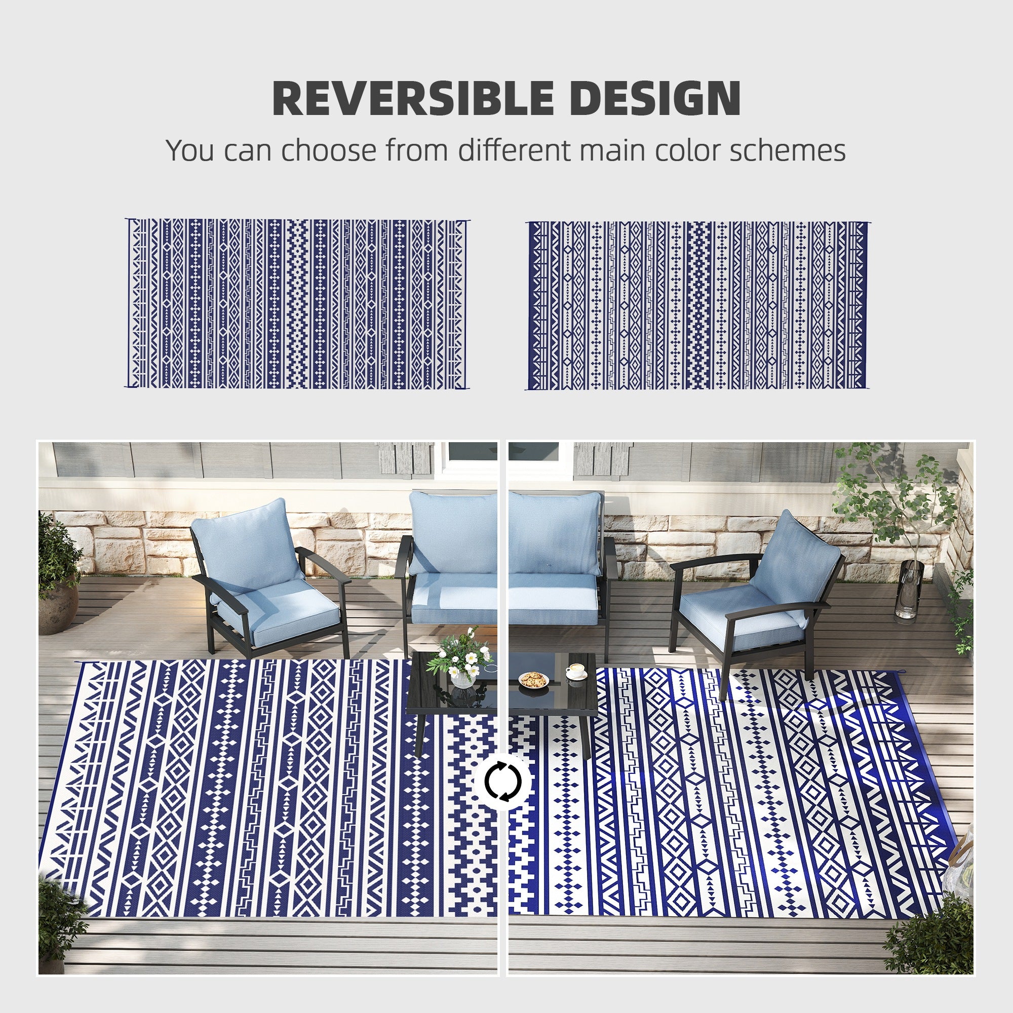Reversible Outdoor Rug, Waterproof Plastic Straw with Carry Bag, 9' x 18', Blue & White Geometric Wall