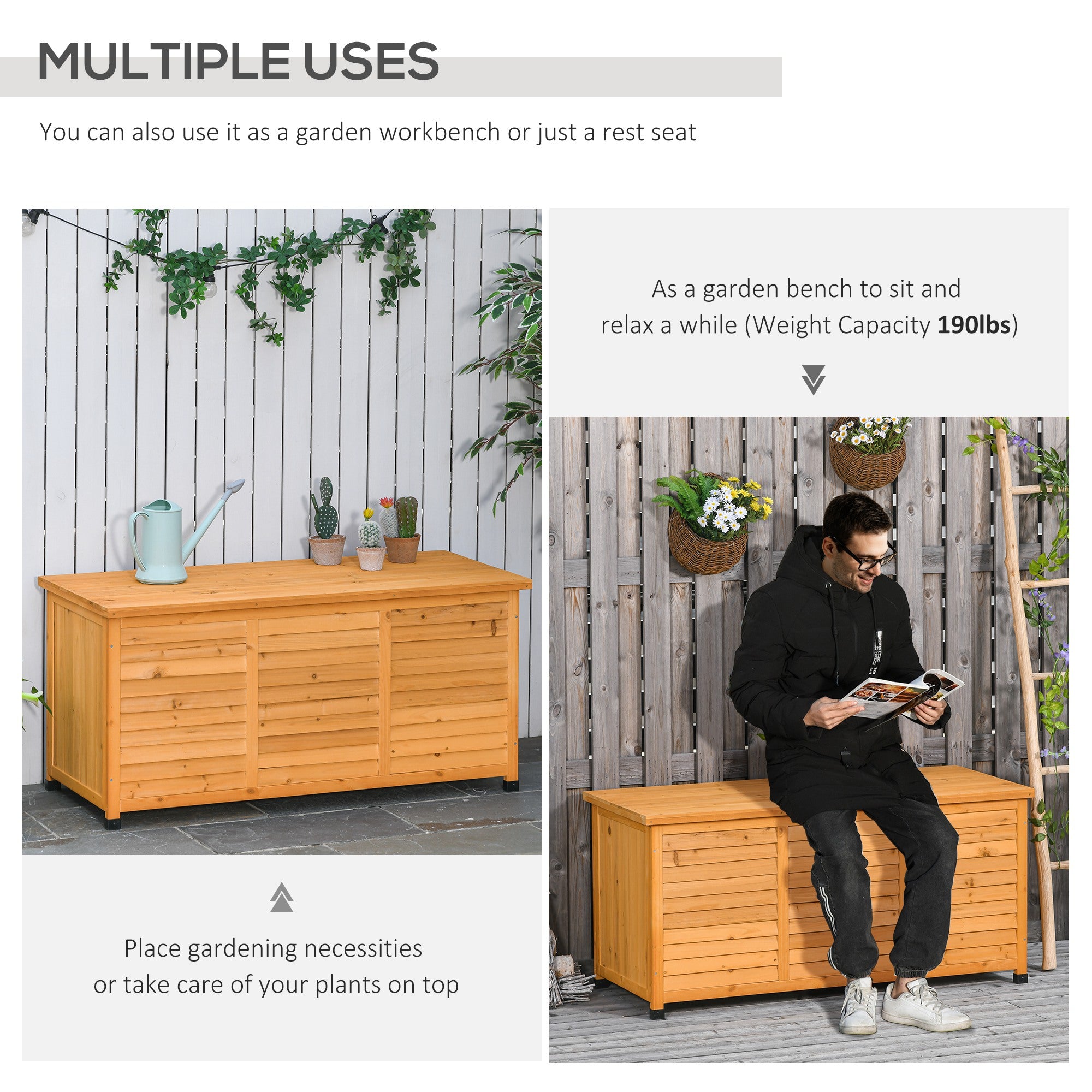 75 Gallon Wooden Deck Box, Outdoor Storage Container with Aerating Gap & Weather-Fighting Finish, Yellow
