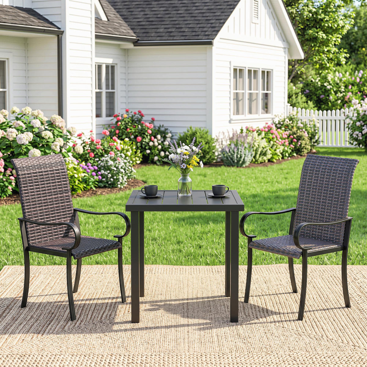 Set of 2 Outdoor Wicker Dining Chairs with Armrest, Steel Frame, High Back and Deep Seating, Brown