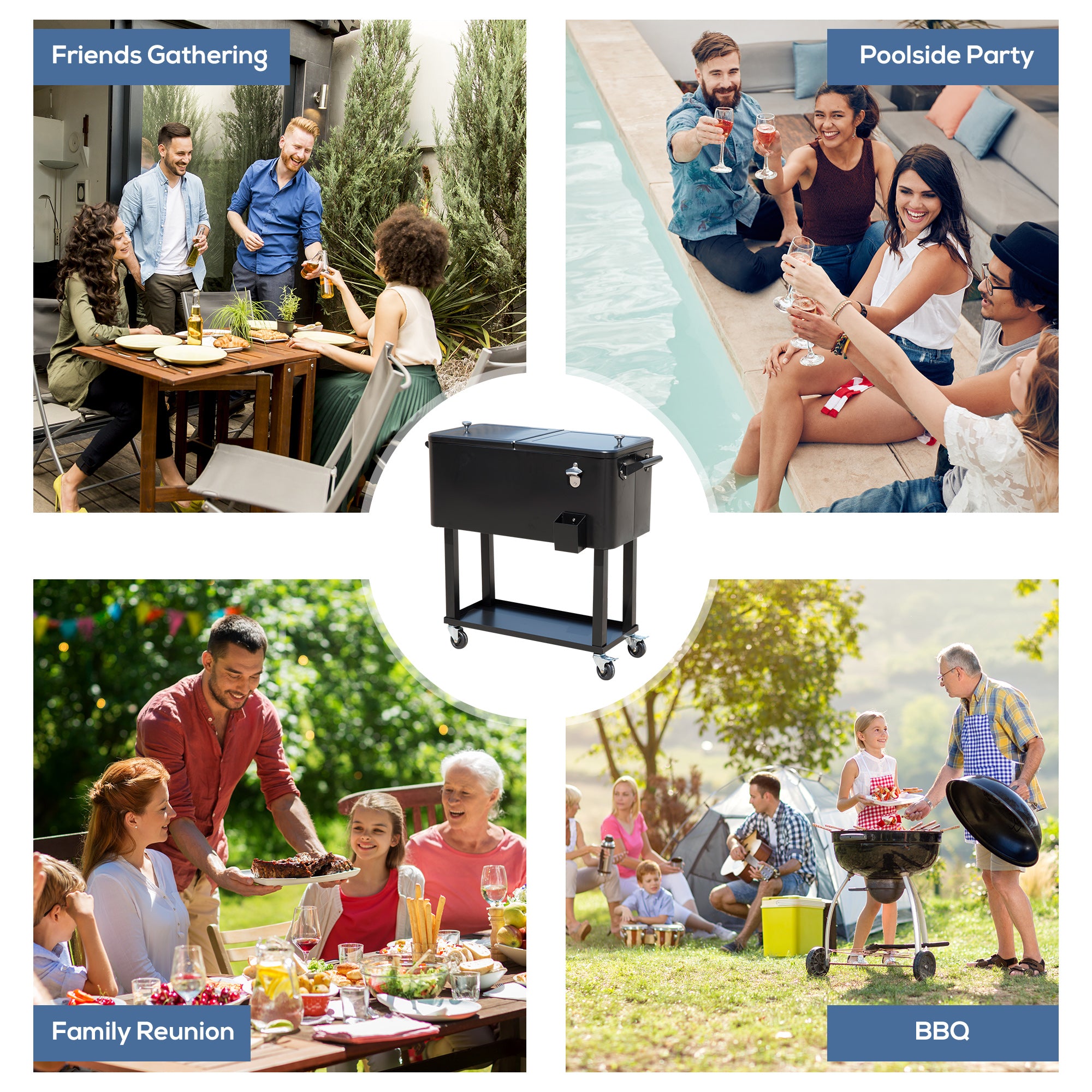 80 QT Rolling Cooling Bins Ice Chest on Wheels Outdoor Stand Up Drink Cooler Cart for Party, Black