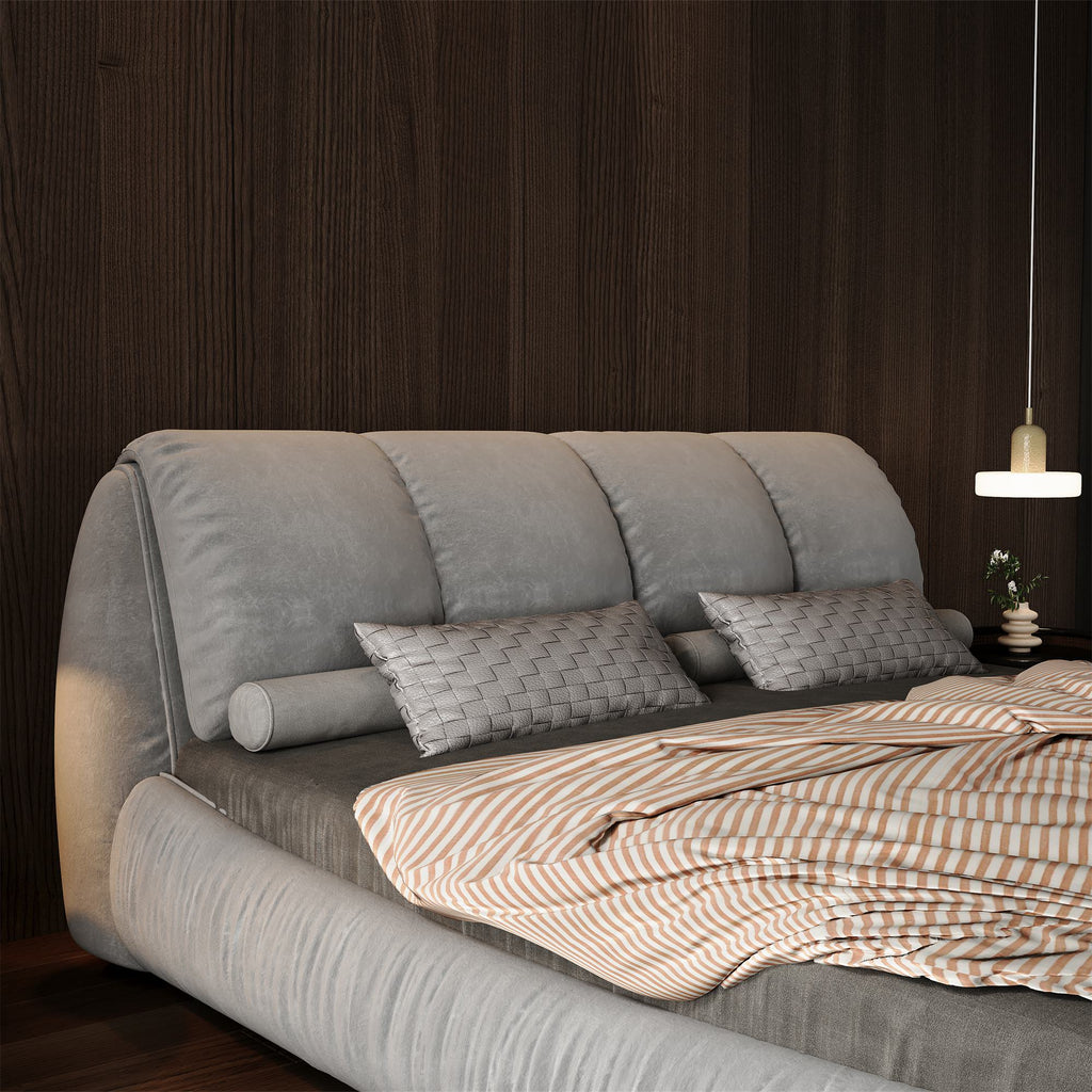 Queen Size Upholstered Bed with Oversized Padded Backrest, Solid Wood Frame, Adjustable Mattress Heights, 96.5" L x 70" W x 43.5" H, Grey