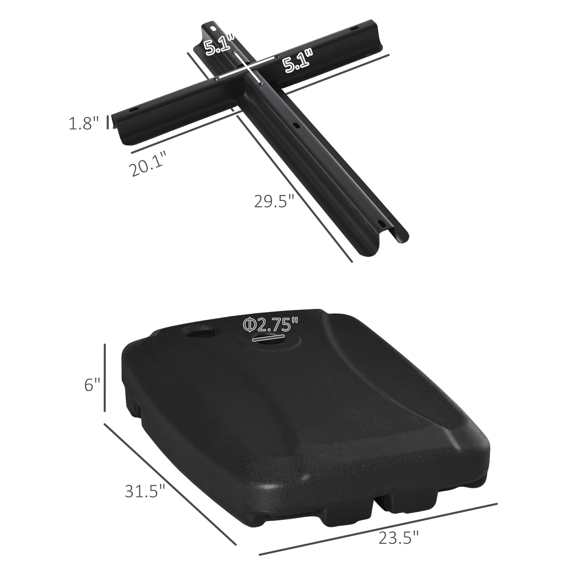 Cantilever Offset Umbrella Base Portable Square Parasol Weights with Wheels, Water and Sand Filled, Up to 165 lbs, Black