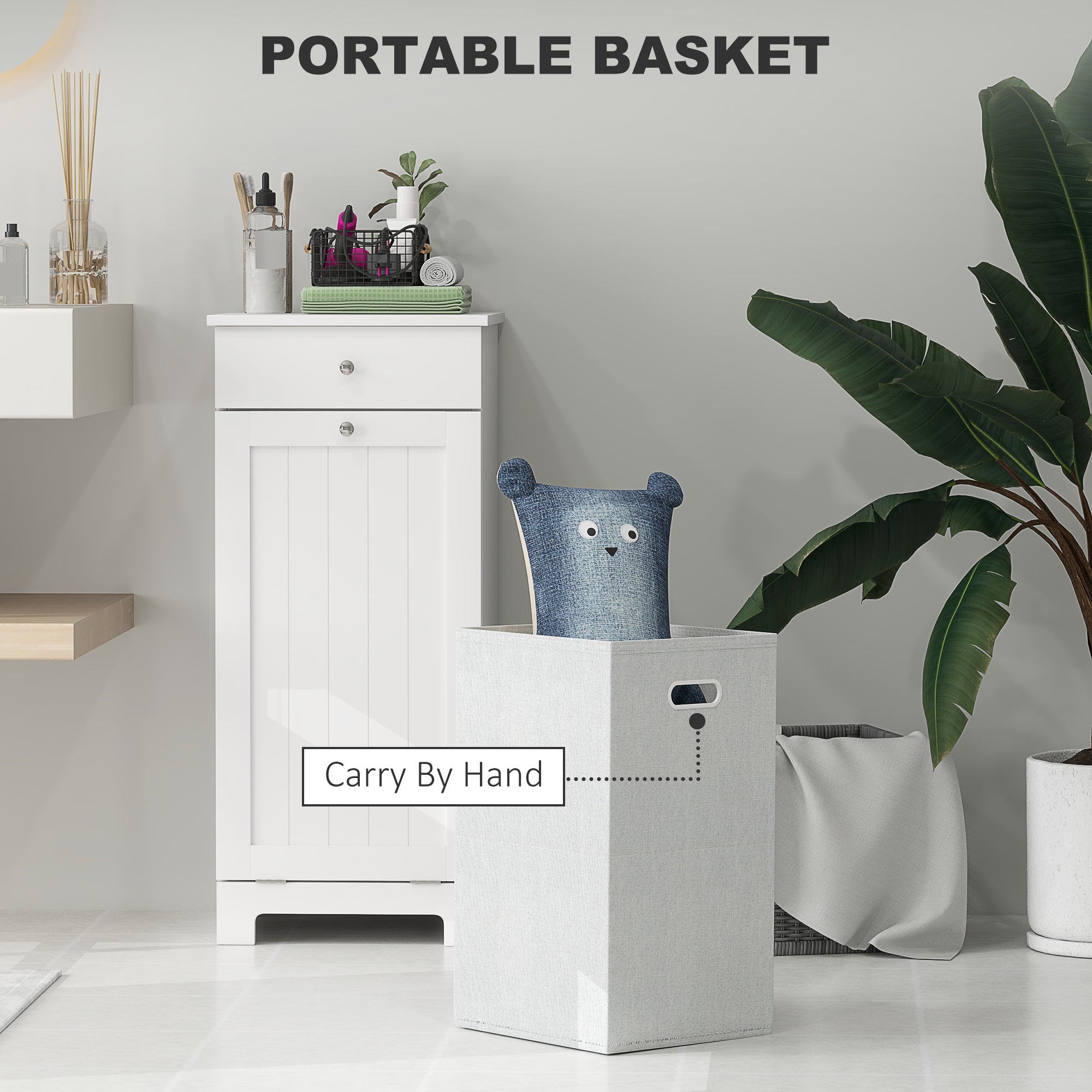 Laundry Hamper Cabinet, Laundry Cabinet with Tilt Out Laundry Basket and Drawer, White