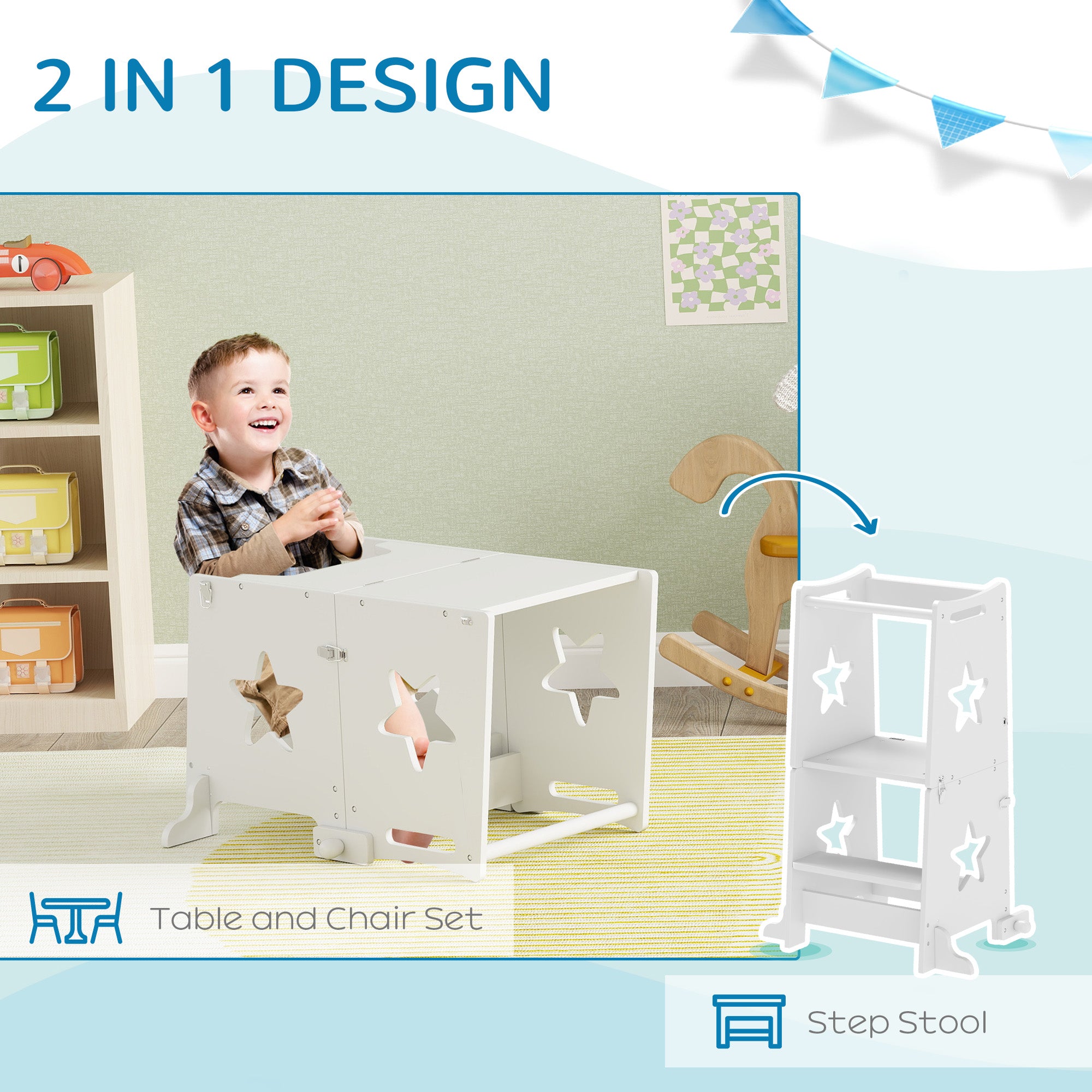 2 in 1 Toddler Tower with Safety Rail for Bathroom, Sink, Kitchen or Counter, White