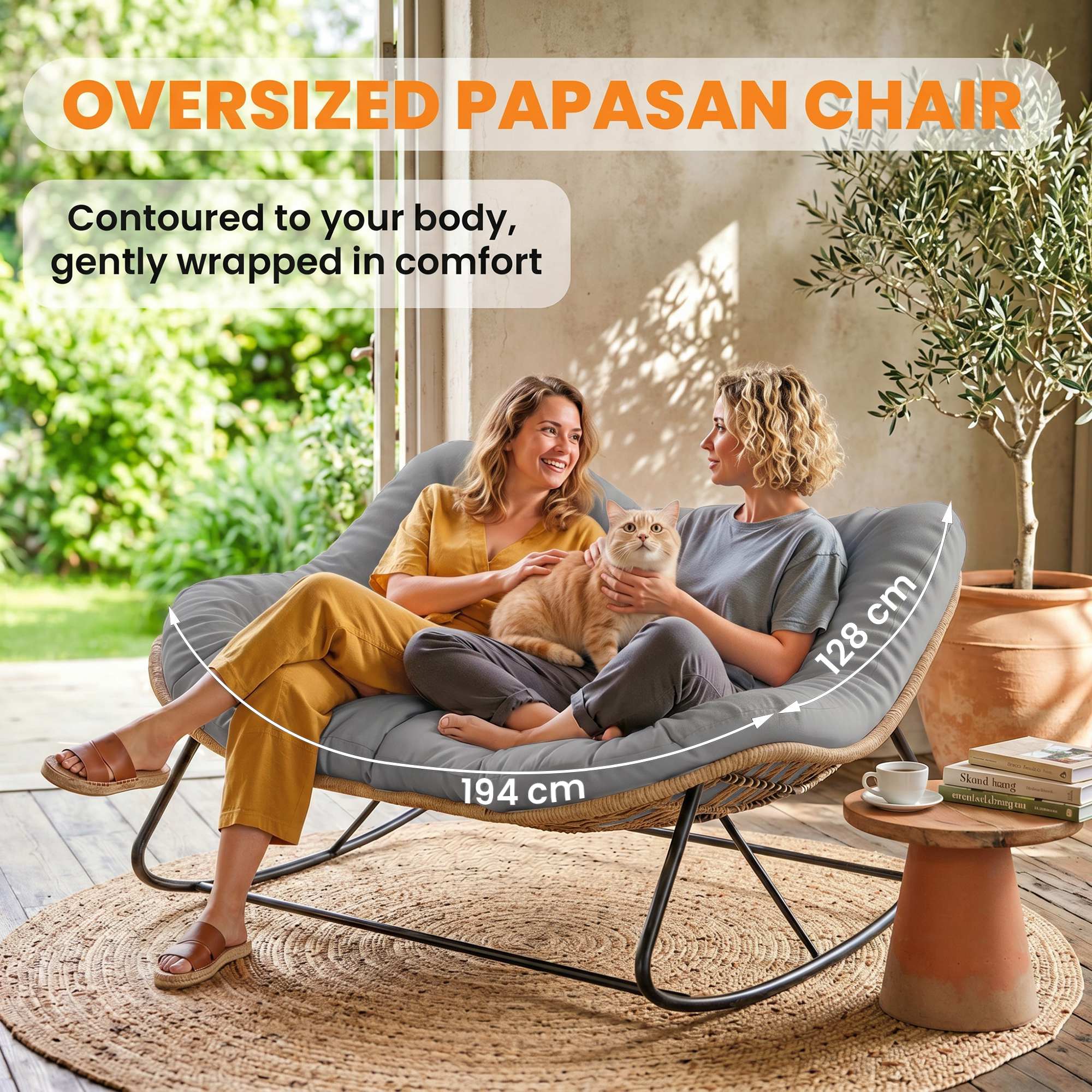 Indoor Outdoor Double Papasan Rocking Chair, Oversized Rocking Egg Chair with Cushion for Garden, Patio, Gray