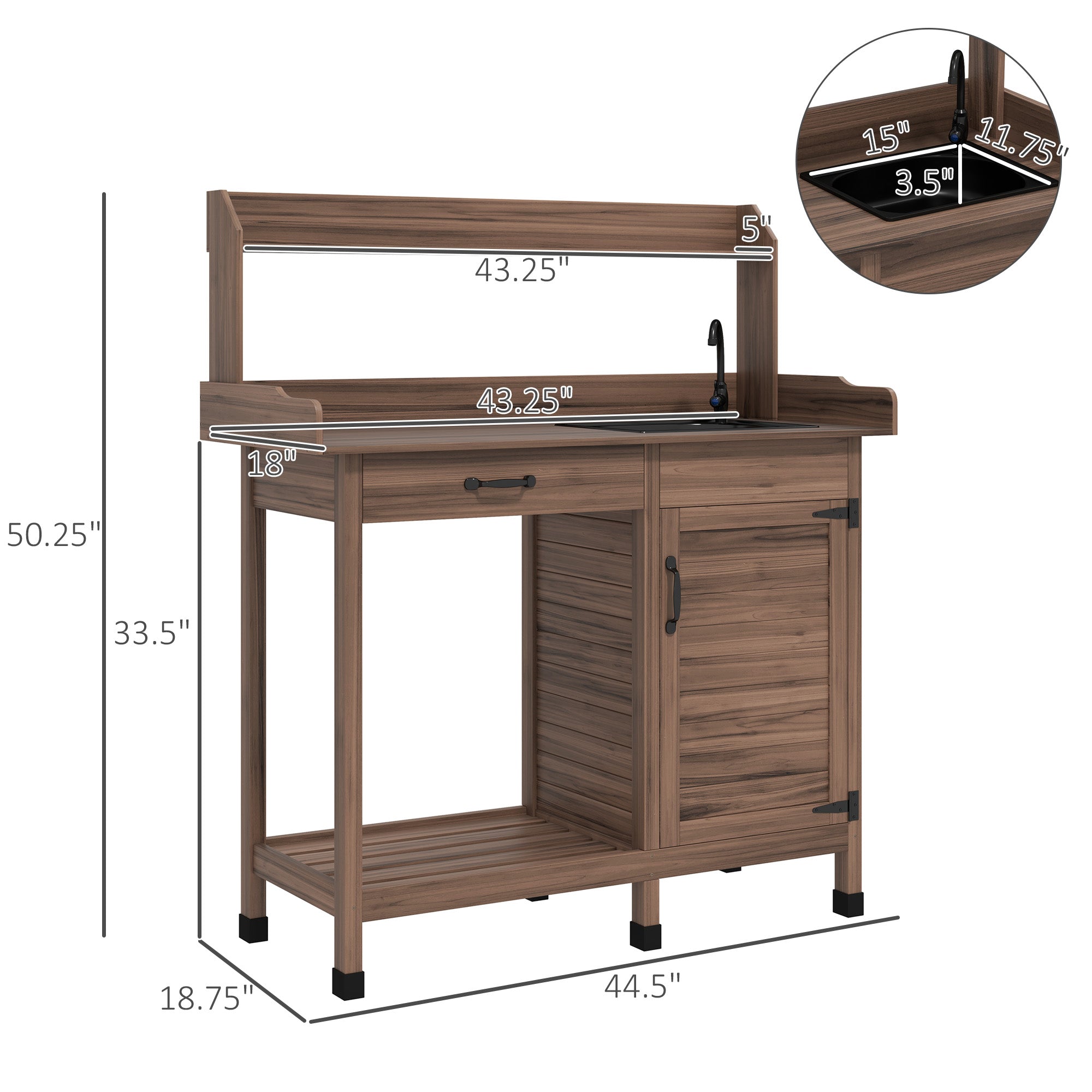 Potting Bench Table with Removable Sink, Outdoor Work Bench Table with Storage Cabinet, Hooks, Faucet and Drawer for Greenhouse, Garden, Patio, Dark Brown