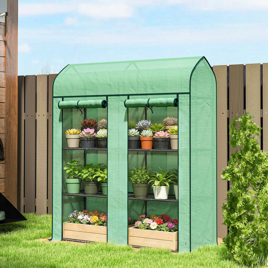 3 Tier Mini Greenhouse, Small Portable Greenhouse with 2 Roll-up Doors, 56.3" x 18.1" x 65", Green
