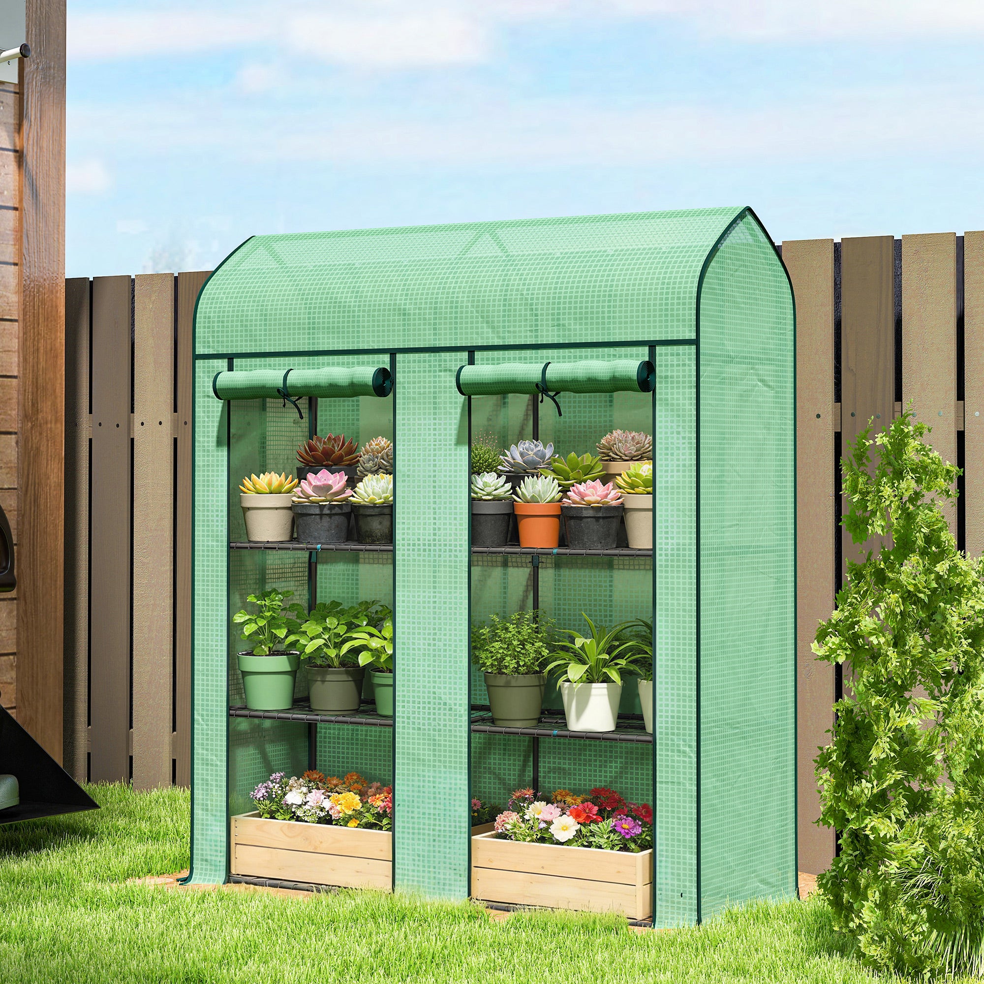 3 Tier Mini Greenhouse, Small Portable Greenhouse with 2 Roll-up Doors, 56.3" x 18.1" x 65", Green