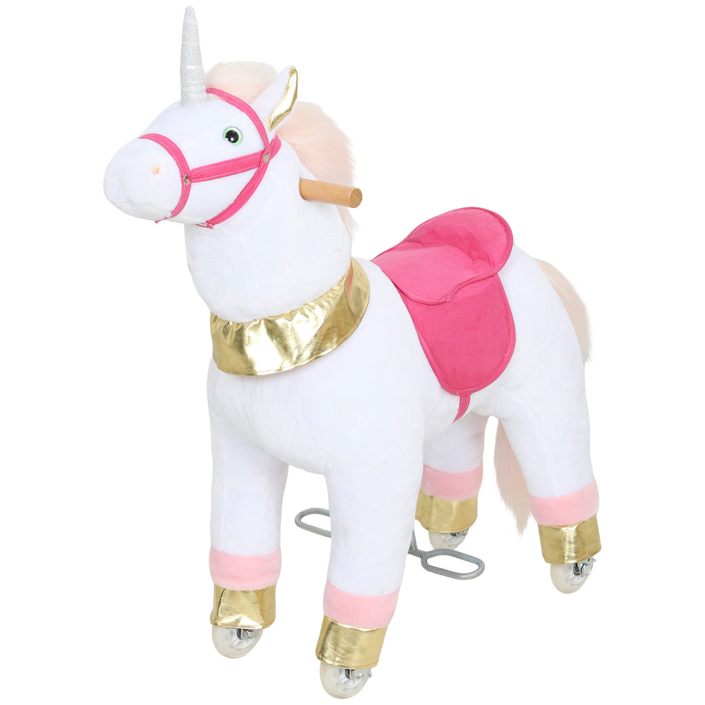 Ride on Unicorn Toy for Kids 3-5 Years, 29.5 Inch Plush Baby Rocking Horse with Wheels, No Battery Required, White