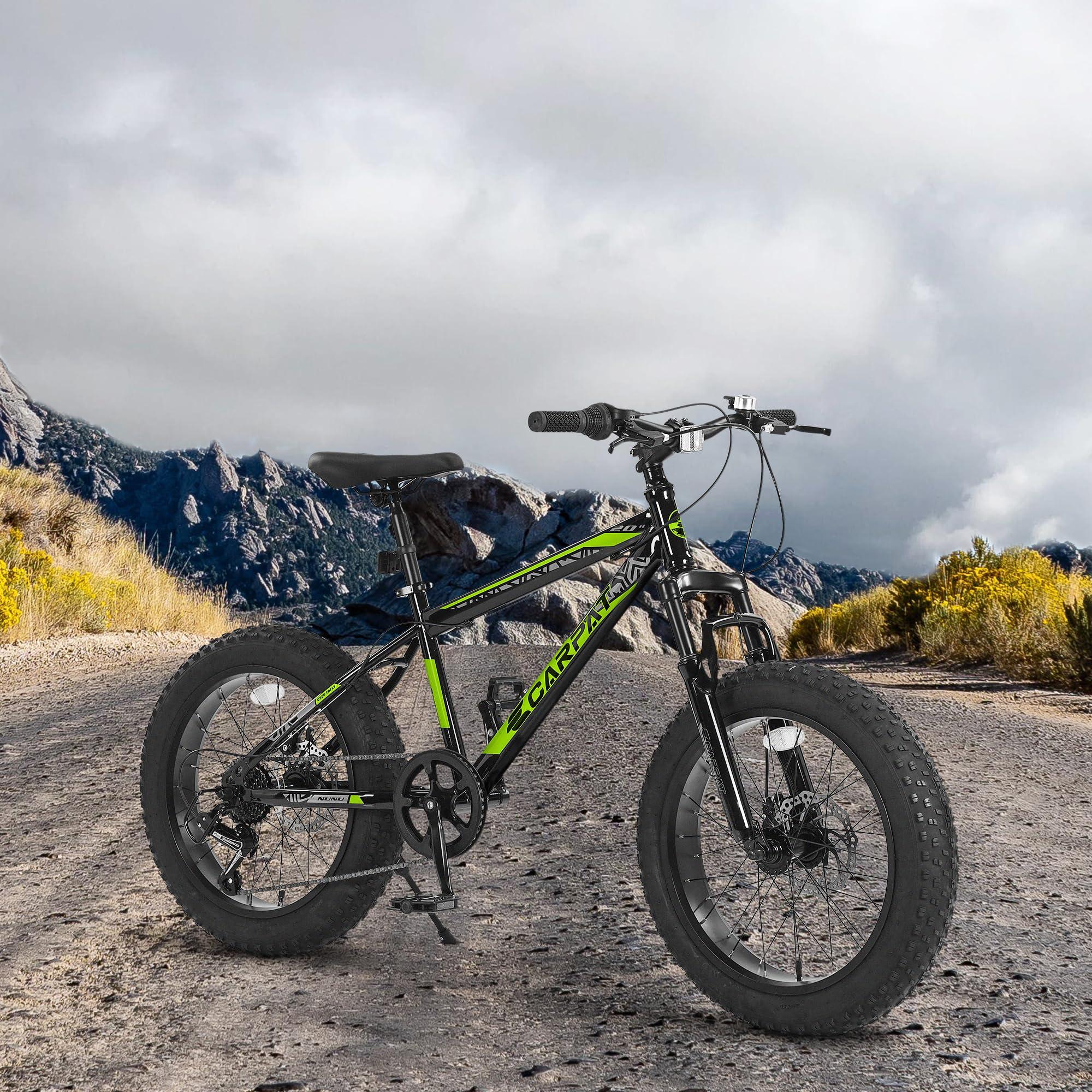 20" Kids' Fat Tire Mountain Bike with 7-Speed Drivetrain, and Shock-Absorbing Front Fork, for Ages 8-12, 63" L x 24.5" W x 35" H, Blackish Green