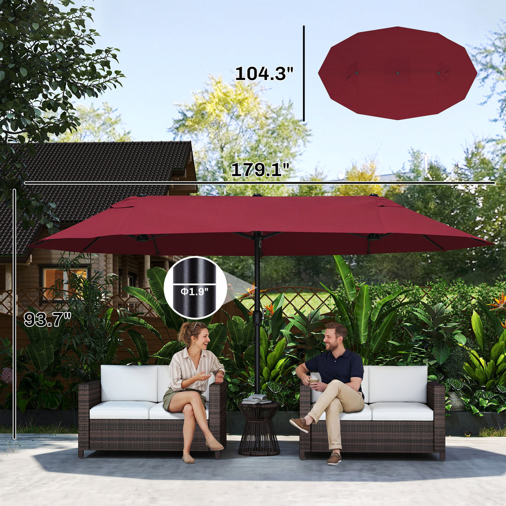 Extra Large 15 ft Patio Umbrella, Double-Sided Wide Outdoor Umbrella with Crank Handle and Air Vents for Backyard, Deck, Pool, Market, Wine Red