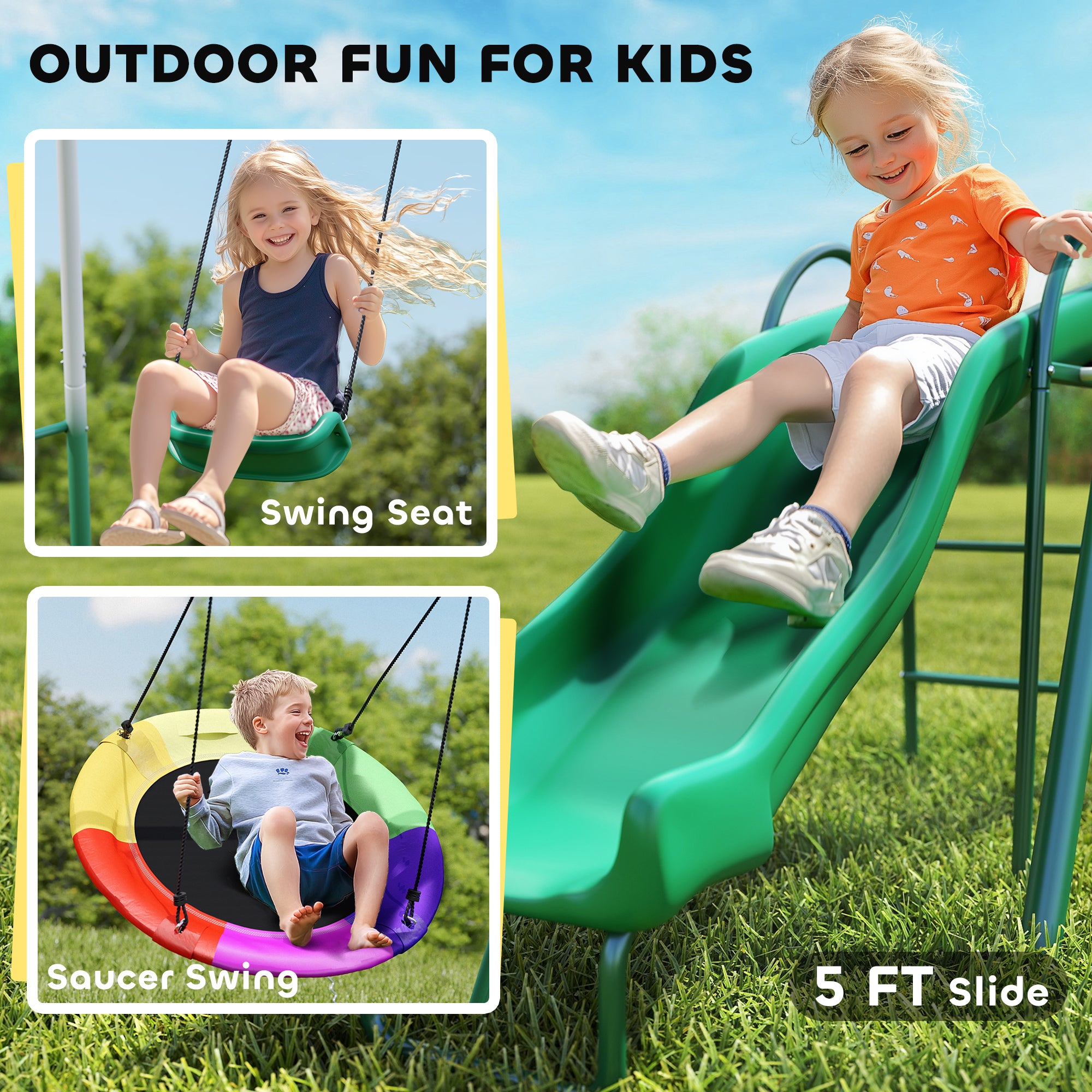 Metal Swing Set with Slide, Saucer Swing Seat, Heavy Duty A-Frame Stand and Adjustable Rope for Backyard, Dark Green