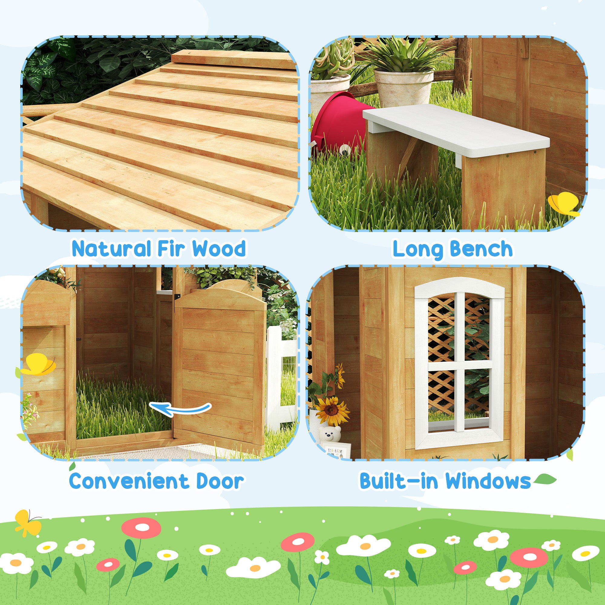 Outdoor Playhouse for Kids Wooden Cottage with Working Doors Windows & Mailbox for Age 3-6 Years, Natural Wood