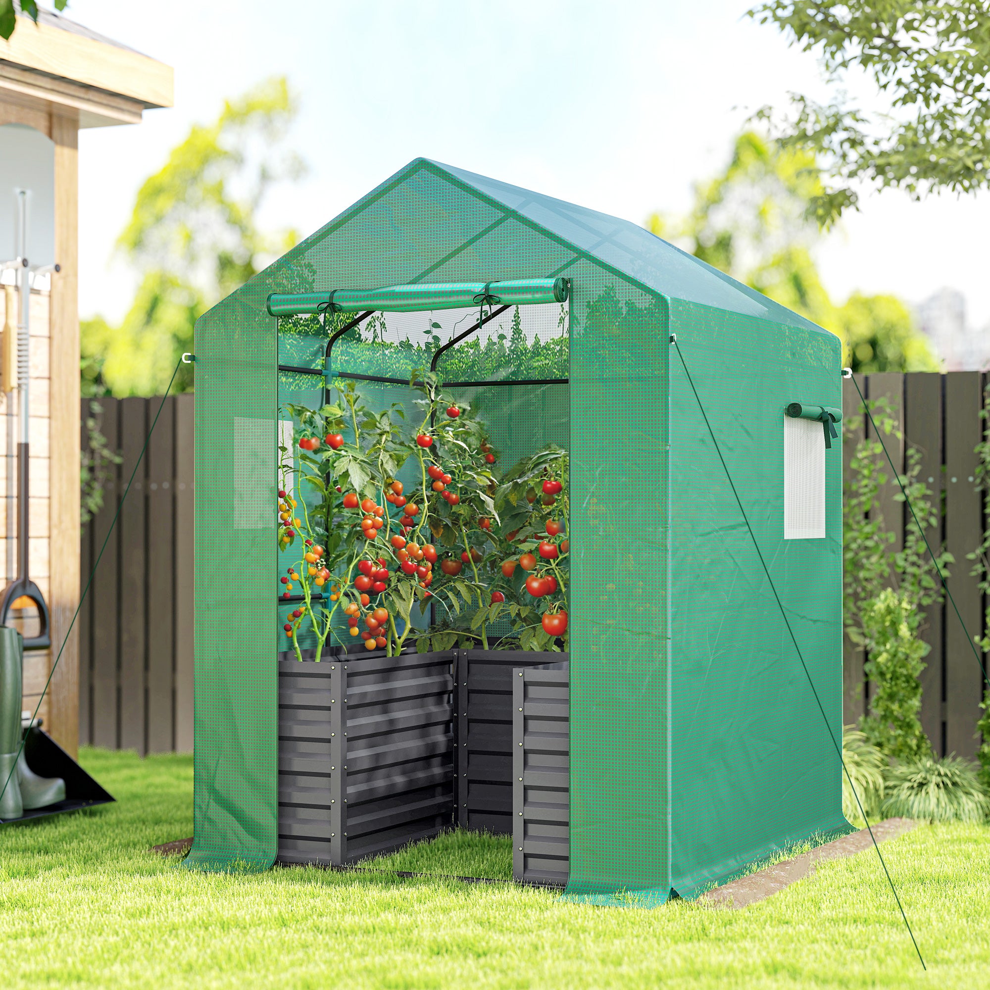 Greenhouse with Raised Garden Bed, Galvanized Steel Outdoor Greenhouse with Roll Up Door, 56" x 56" x 75", Dark Gray