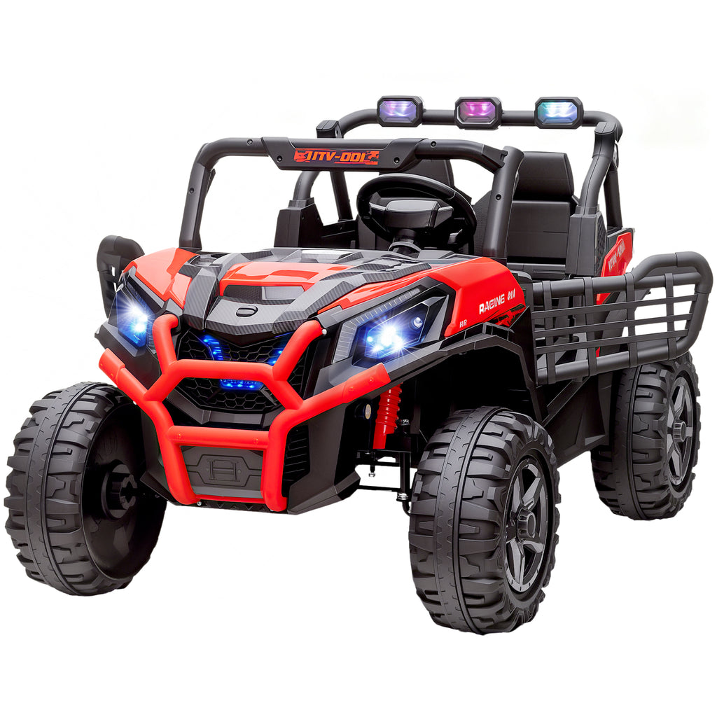 2 Seater 24V Kids Electric Car w/ Remote Control, 3 Speed, LED Lights, Music, Horn, Spring Suspension, Slow Start, Red