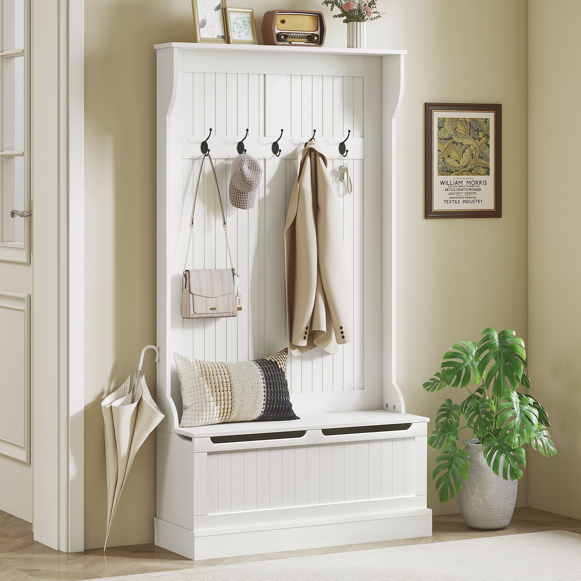 3-In-1 Entryway Bench with Coat Rack, Hall Tree with Bench and Shoe Storage, 5 Hooks for Hallway Cream White