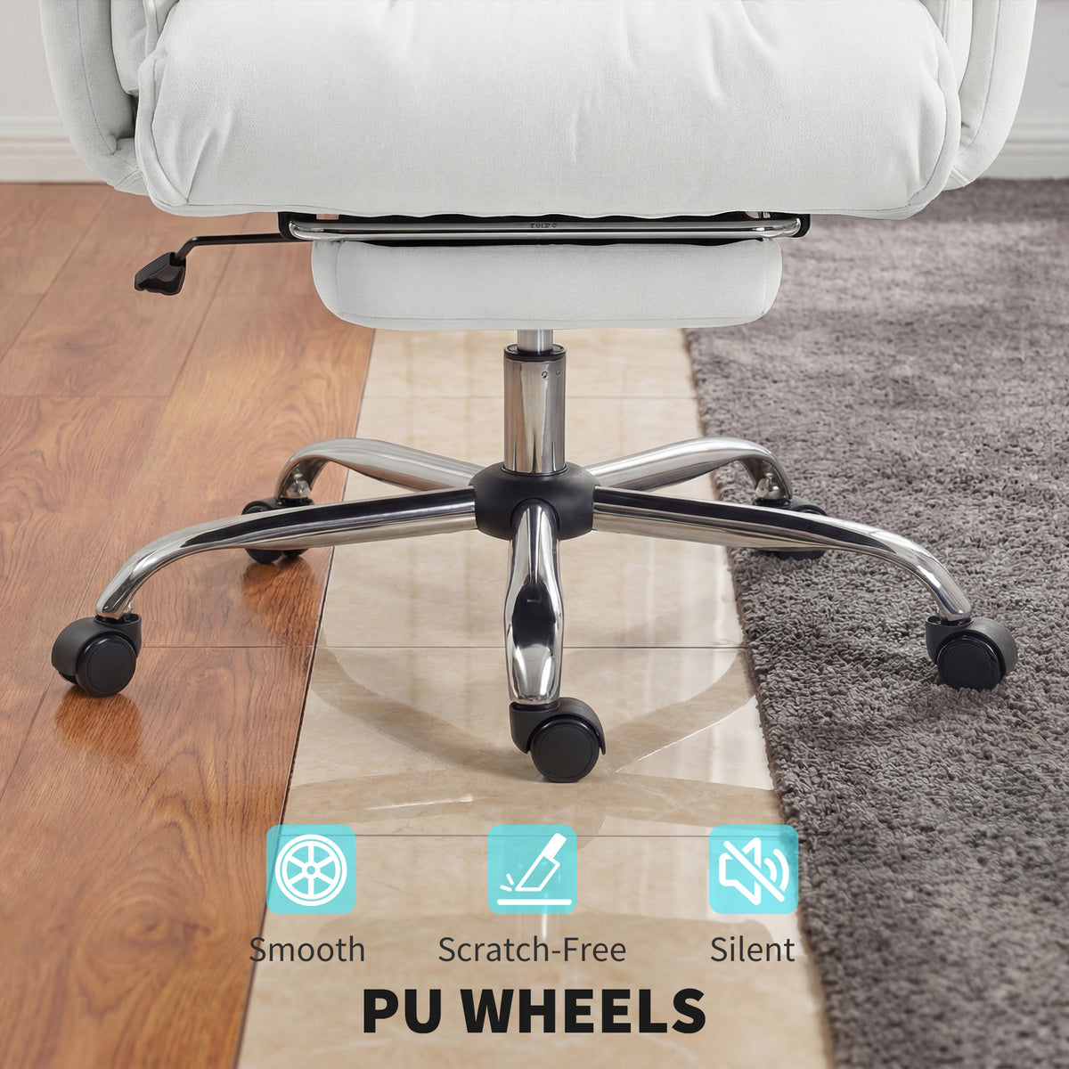High Back Office Chair, Reclining Desk Chair with Footrest, High Resilience Foam, Rolling Wheels, Cream White