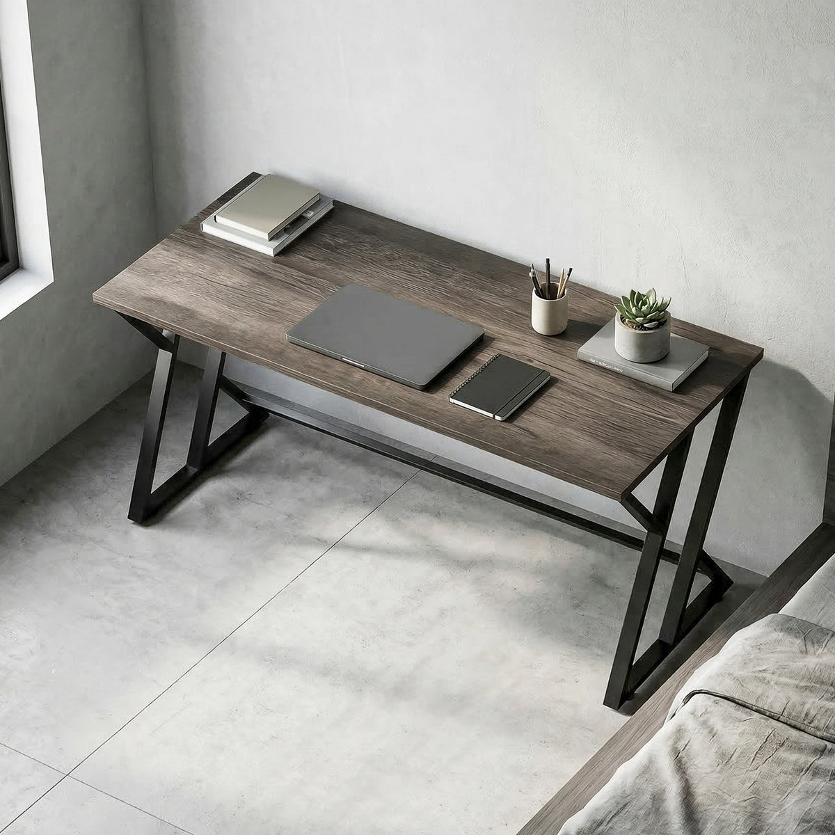 55 Inch Computer Desk, Industrial Writing Desk with Z-Shaped Metal Leg, Study Table for Home Office, Distressed Gray