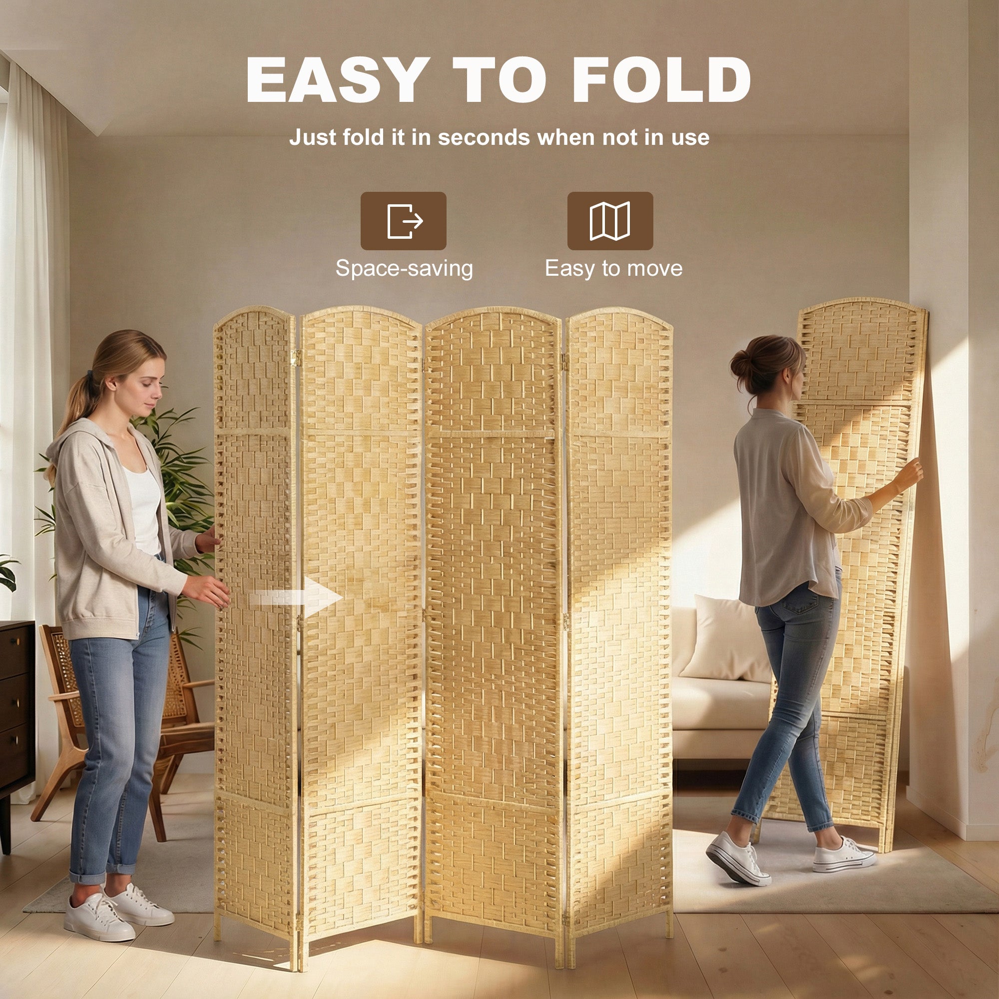 Folding Room Divider Screen 4 Panel 6' Tall Privacy Screen Freestanding Wood Partition for Home Office, Nature Wood