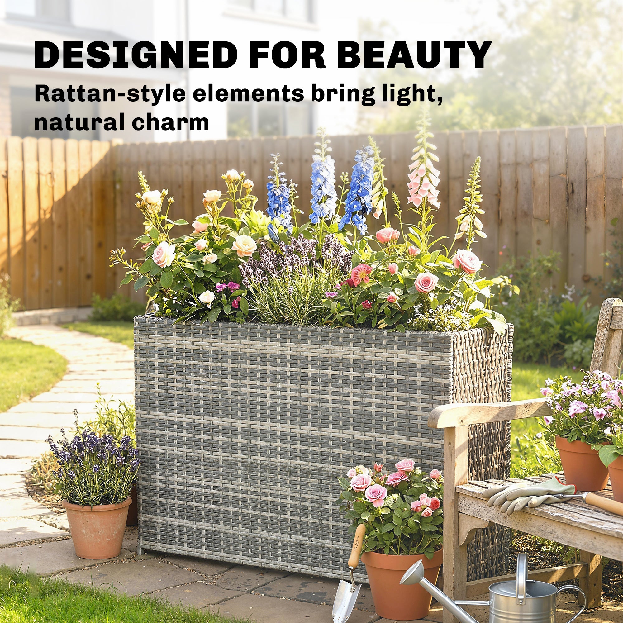 Tall Rectangular Planter with Removable Liner, Holes, PE Wicker Large Planter Box for Indoor Outdoor Plants, Gray