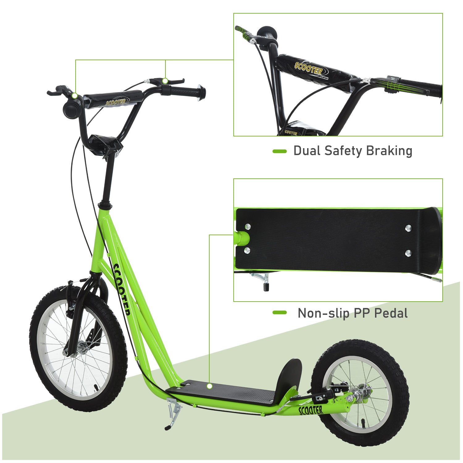 Teens Youth Scooter Ride On Toy with Adjustable Handlebar, Dual Brakes, and Inflatable Wheels For Kids 5+ - Green