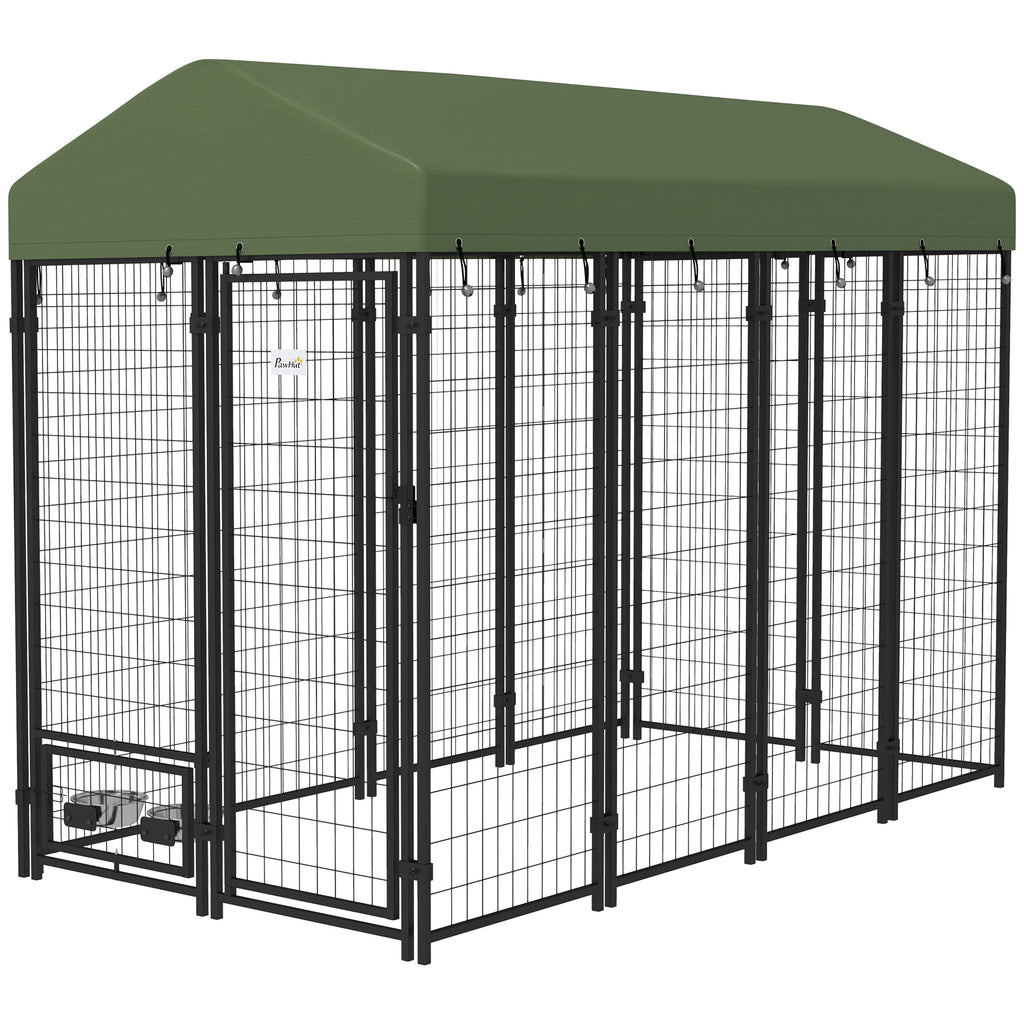 Outdoor Dog Kennel with Rotating Bowl Holders, Pet Playpen with Waterproof Cover, 8' x 4' x 6', Green