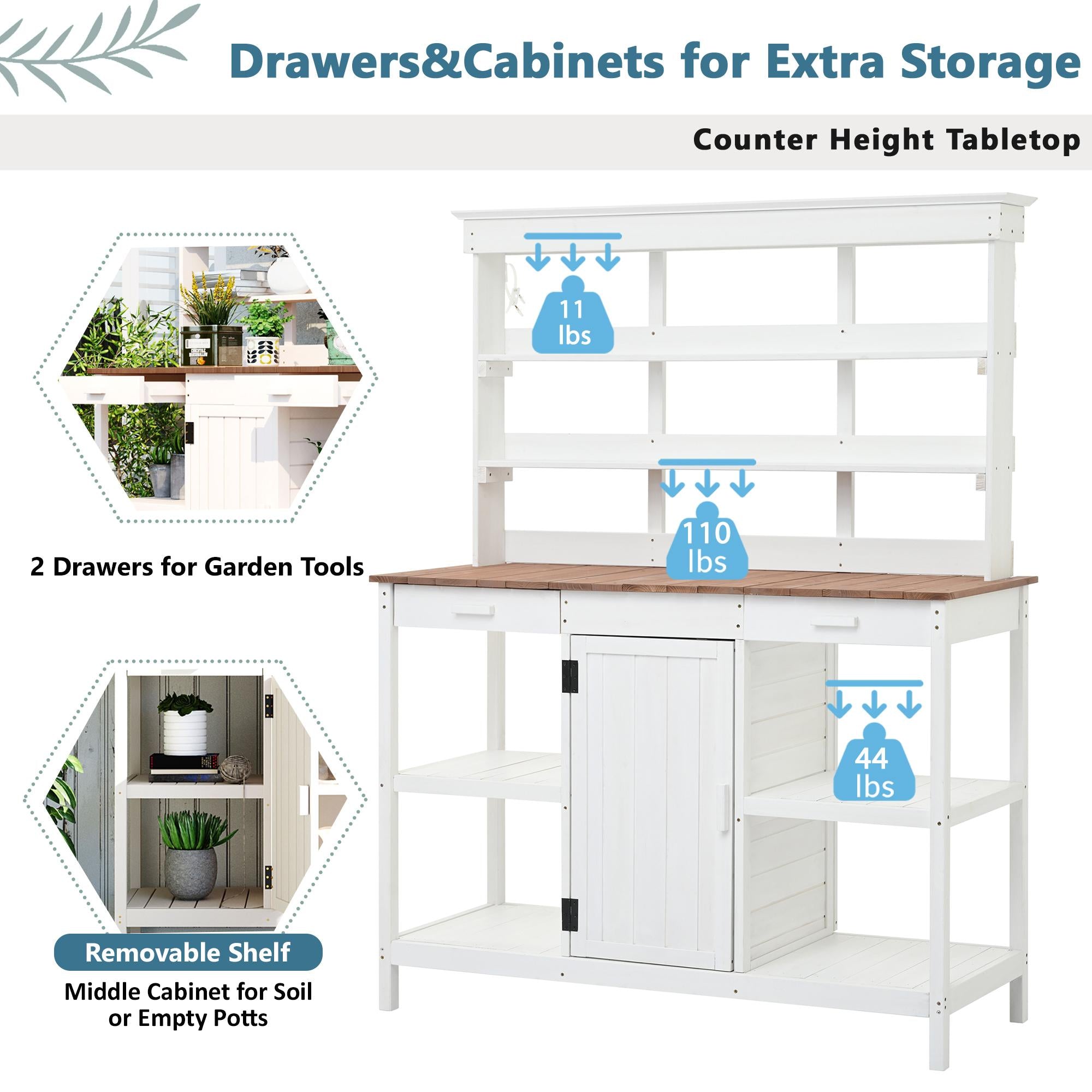Large Wooden Potting Bench with 2 Drawer, Cabinet, Open Shelf, Farmhouse Garden Workstation for Backyard, 50'' L x 19.5'' W x 66'' H, White