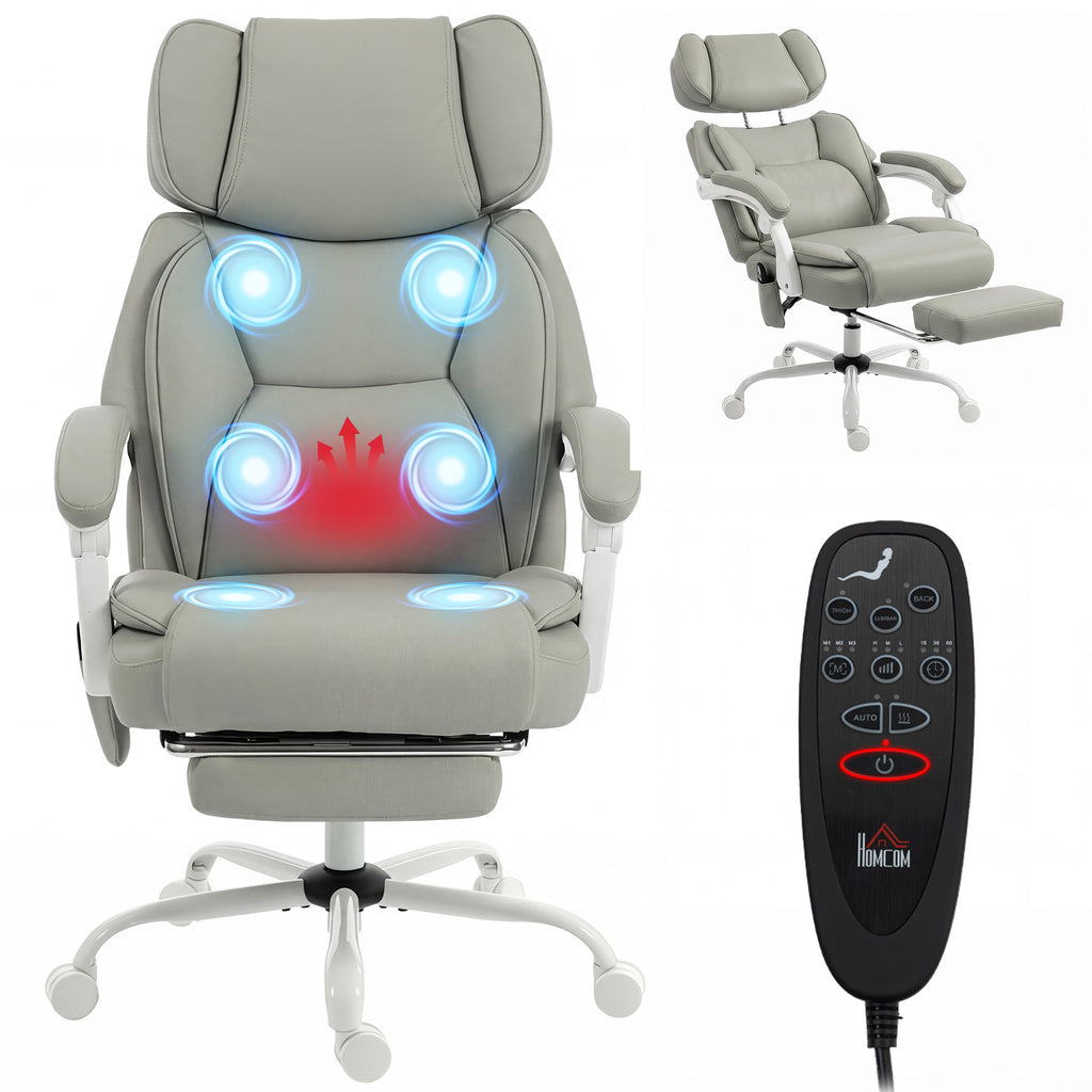 High Back Vibration Massage Office Chair Heated Reclining Computer Chair w/ Footrest, Swivel Wheels, Remote, Light Gray