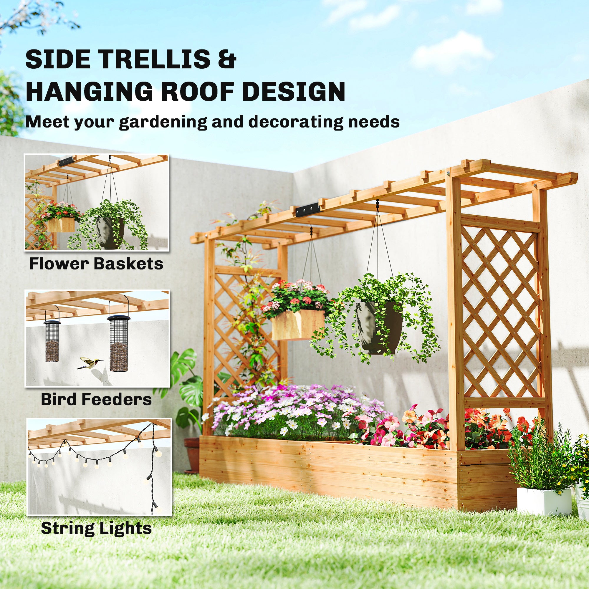 Wooden Planter Box with Trellis, Hanging Roof and Drainage Holes for Climbing Plants, Vegetables, Herbs and Flowers
