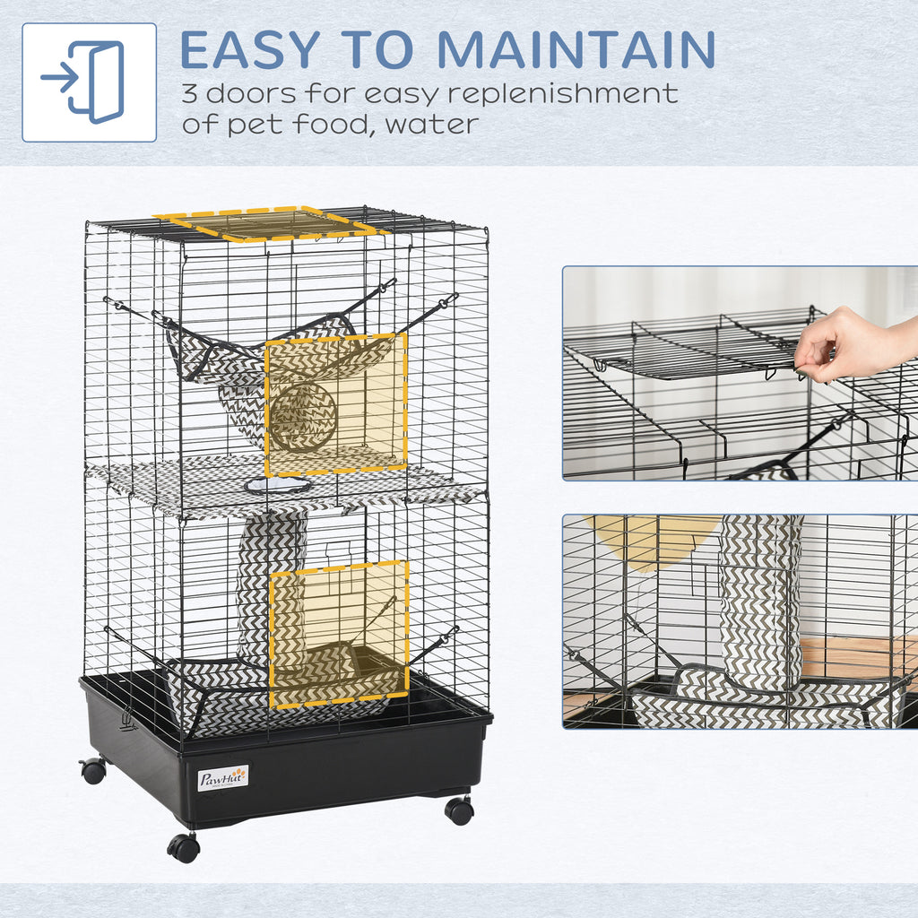 42" Ferret Cage, Small Animal Habitat Metal Pet Cage with Wheels Brakes, Hammocks, Hanging Tunnels, and 3 Doors, Black