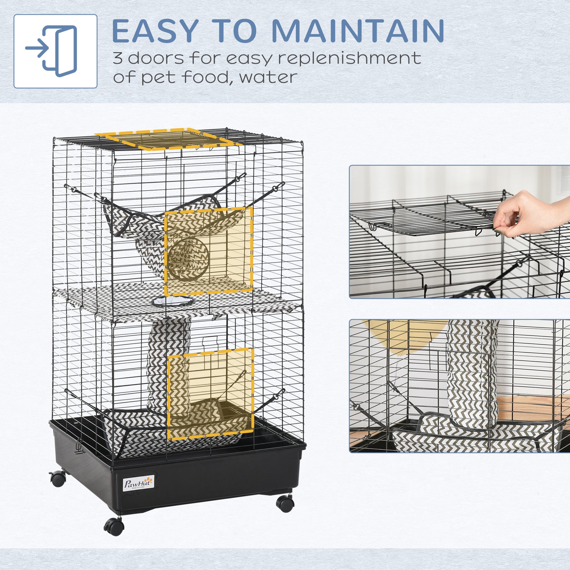 42" Ferret Cage, Small Animal Habitat Metal Pet Cage with Wheels Brakes, Hammocks, Hanging Tunnels, and 3 Doors, Black