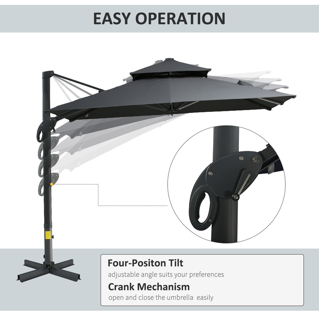 10ft Offset Patio Umbrella, Hanging Cantilever Umbrella, Square Shape, Aluminum Cross Base, Tilt, 360-Degree Rotation, Gray