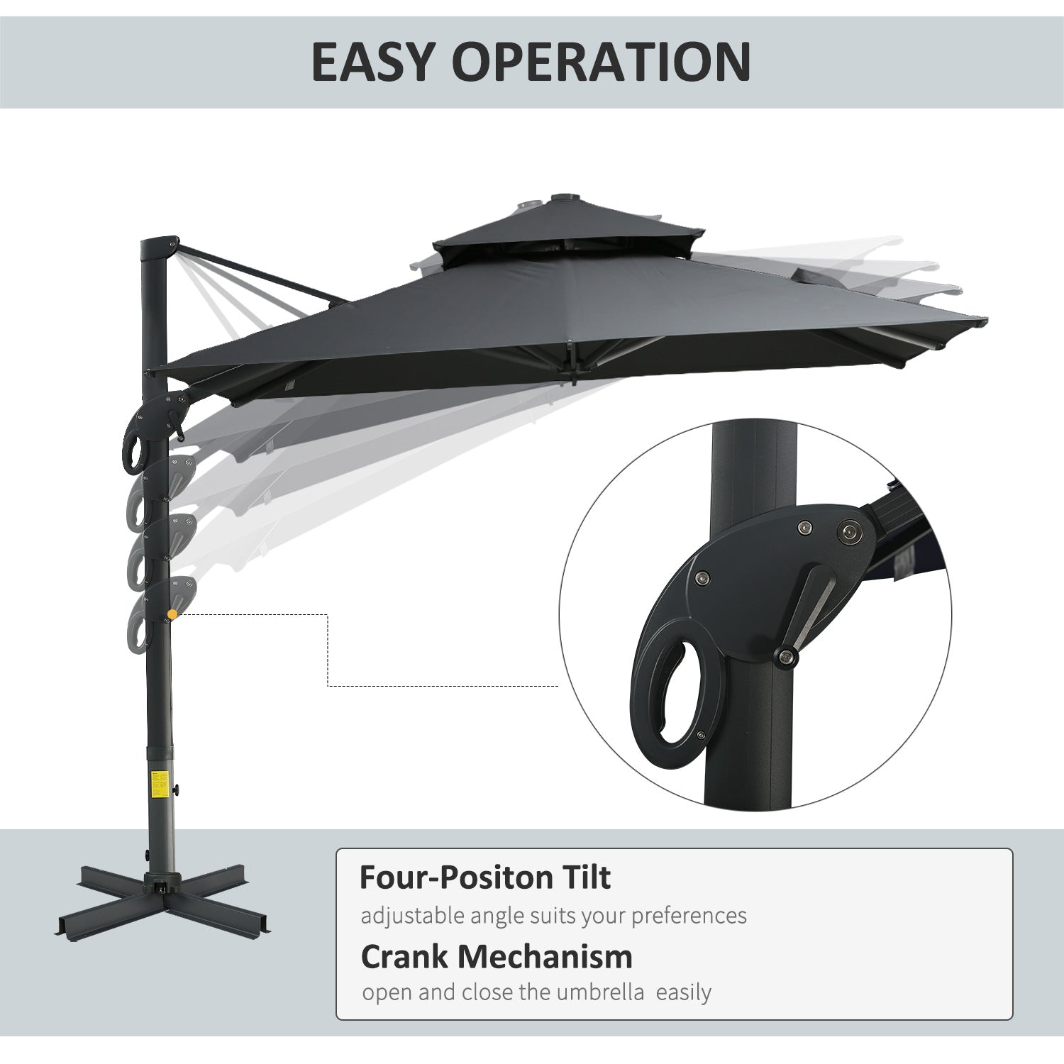 10ft Offset Patio Umbrella, Hanging Cantilever Umbrella, Square Shape, Aluminum Cross Base, Tilt, 360-Degree Rotation, Gray