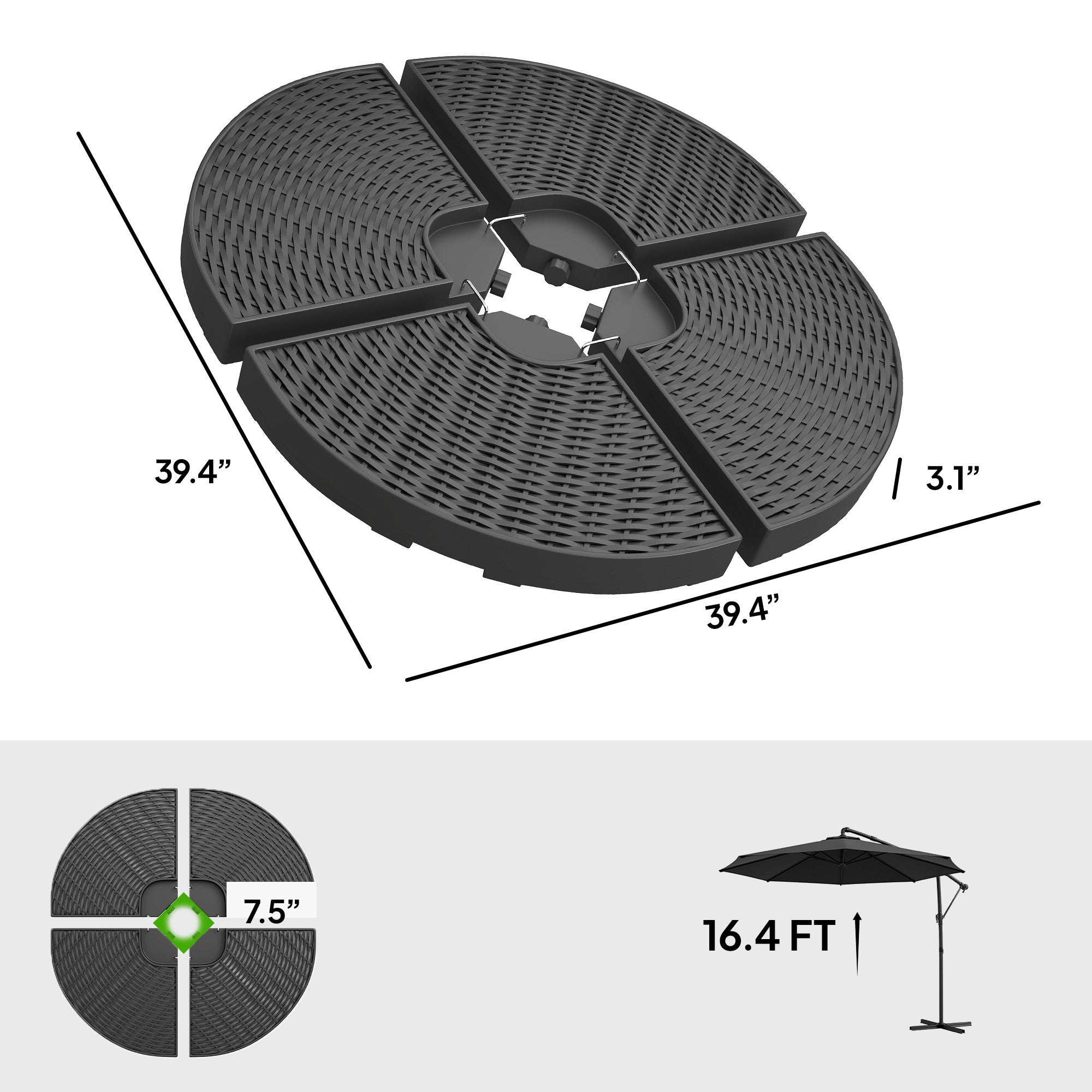 HDPE Material Patio Umbrella Base Weights Sand Filled up to 150 Lb. for Any Offset Umbrella Base | 4-Piece, Water or Sand Filled, All-Weather, Black (Round)