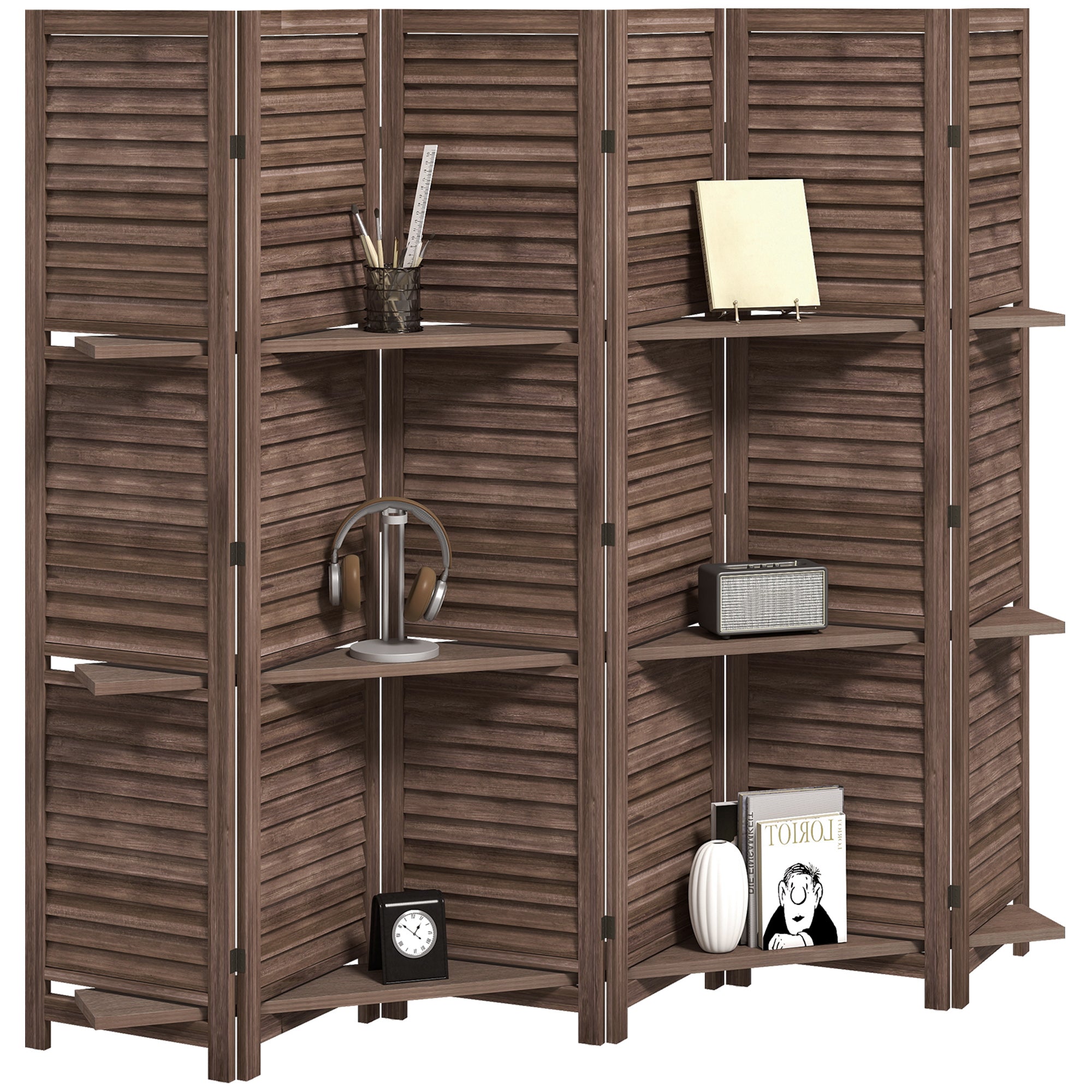 6 Panel 67" Tall Wood Privacy Screen Room Divider with 3 Shelves and Folding Storage for Bedroom, Walnut