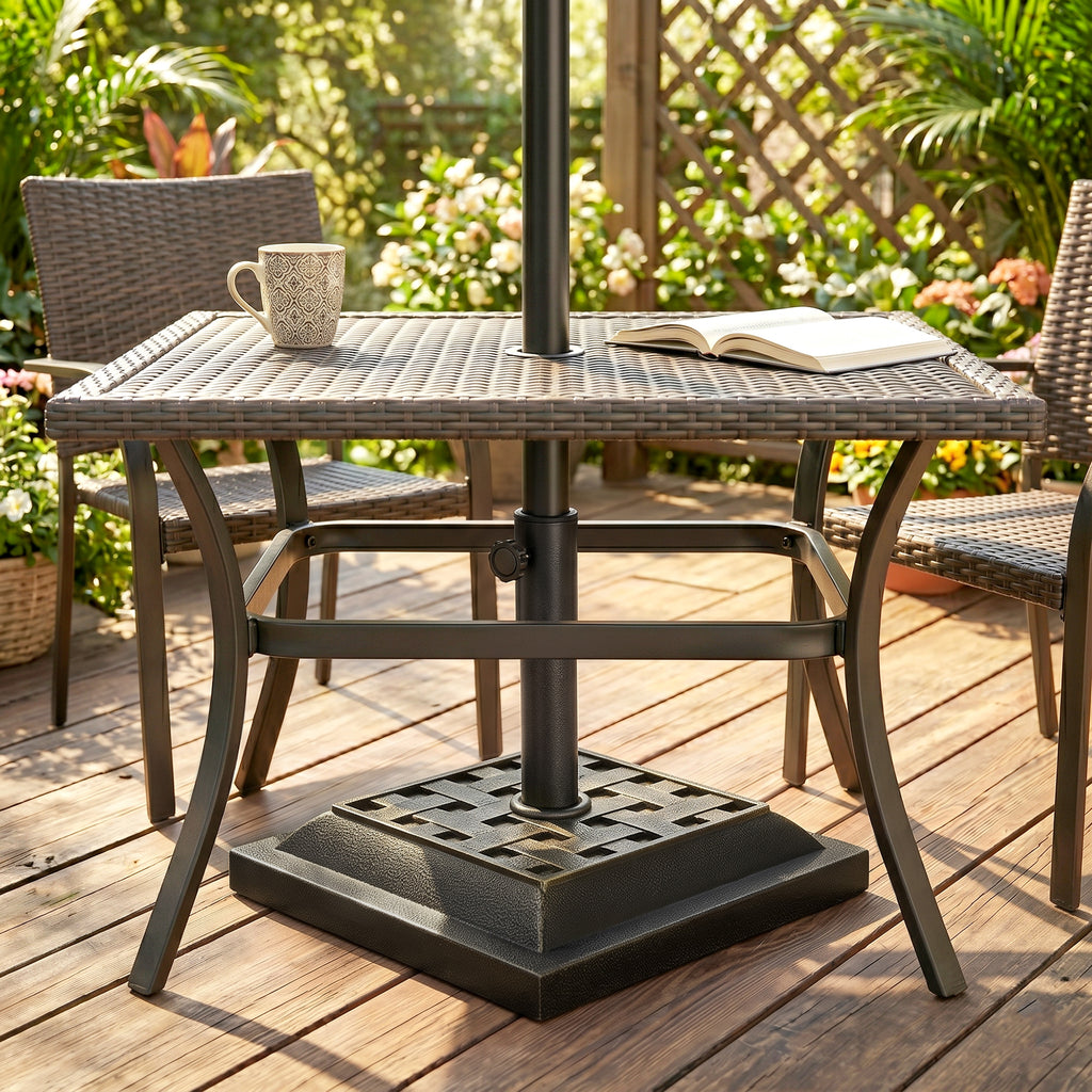 20 lbs Patio Market Umbrella Base Stand Resin Parasol Holder Square with Beautiful Decorative Pattern & Easy Setup, for Φ1.5", Φ1.89" Pole, for Beach, Lawn, Deck, Backyard, Garden, Bronze