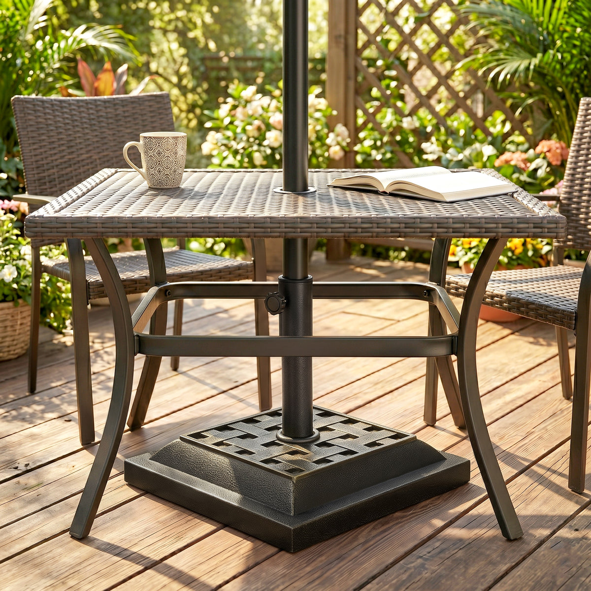 20 lbs Patio Market Umbrella Base Stand Resin Parasol Holder Square with Beautiful Decorative Pattern & Easy Setup, for Φ1.5", Φ1.89" Pole, for Beach, Lawn, Deck, Backyard, Garden, Bronze