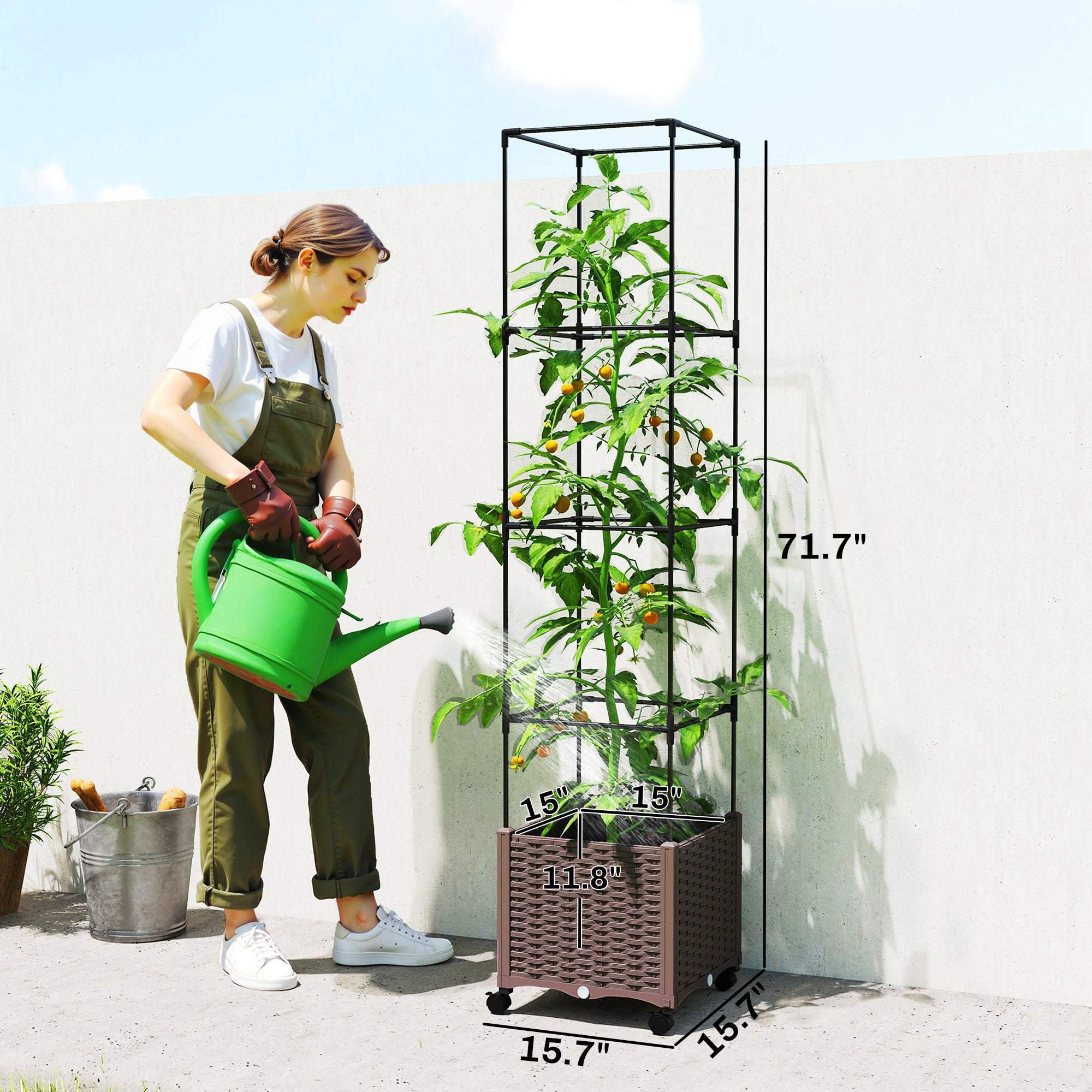 Raised Garden Bed with Trellis, Tomato Cage with Lockable Wheels, Self Watering Planter Box with Drainage Holes, Brown