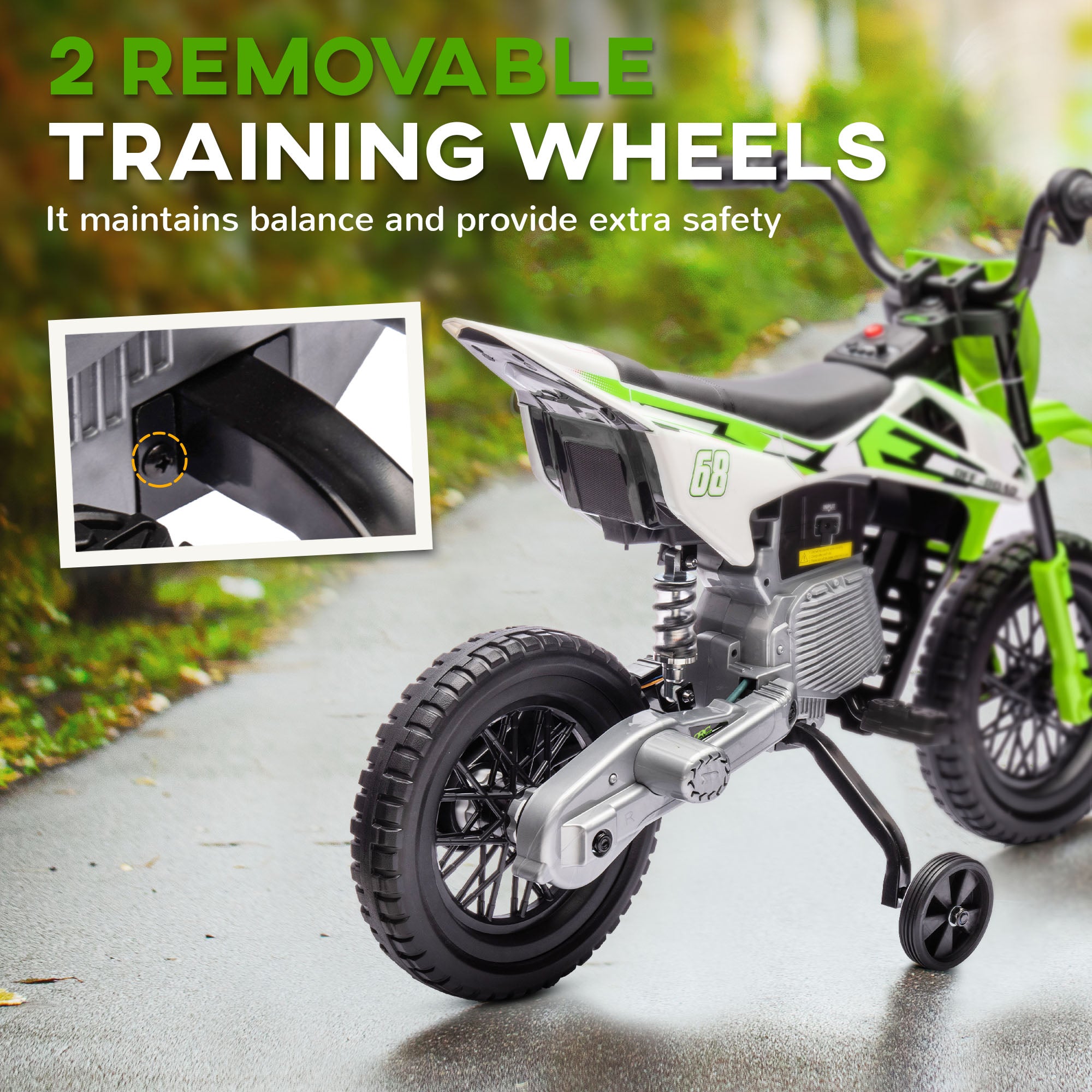 12V Kids Electric Motorcycle w/ Twist Grip Throttle, Training Wheels, Rear Suspension & Music, Green