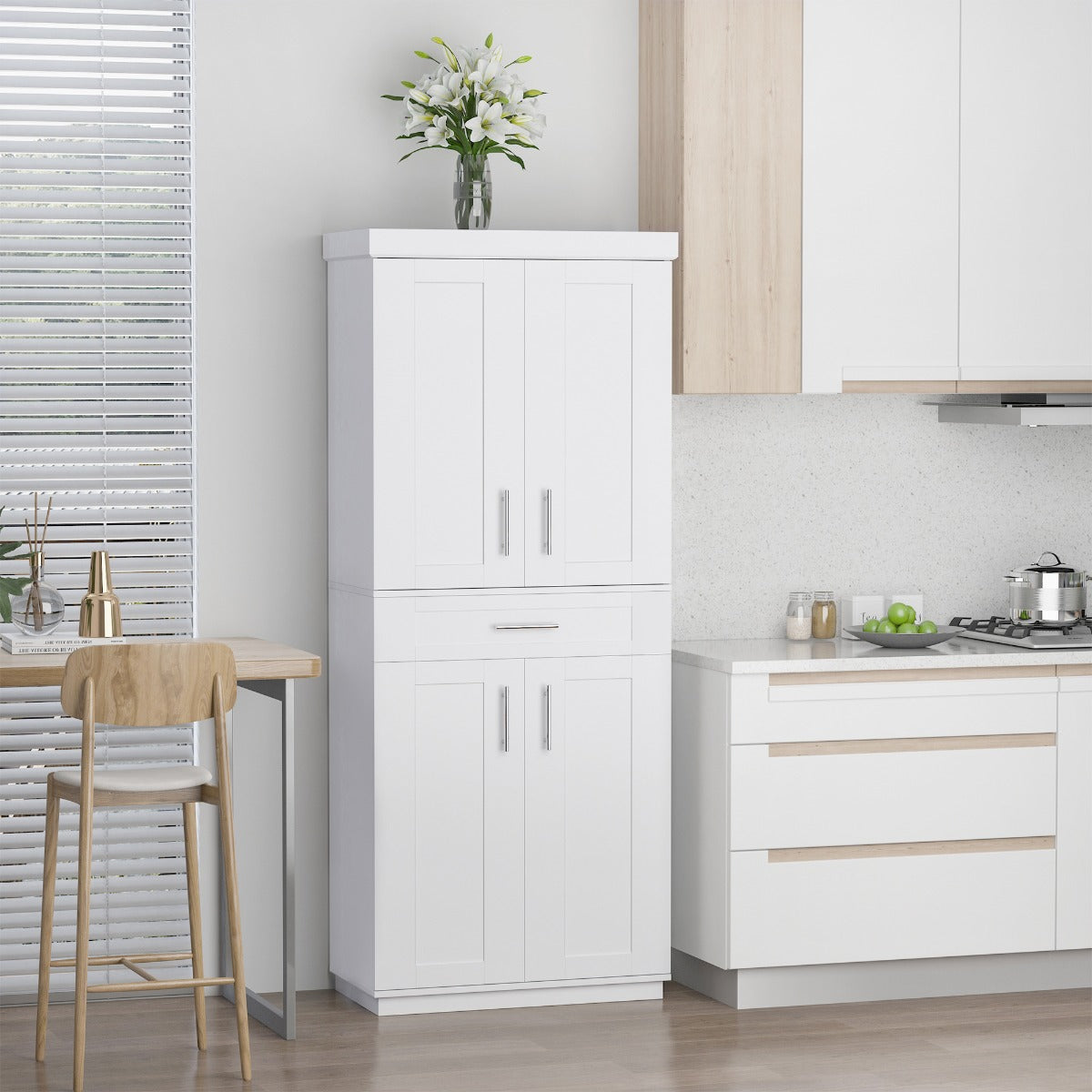 White Pantry Cabinet with Adjustable Shelving for Kitchen, Perfect for Family, White