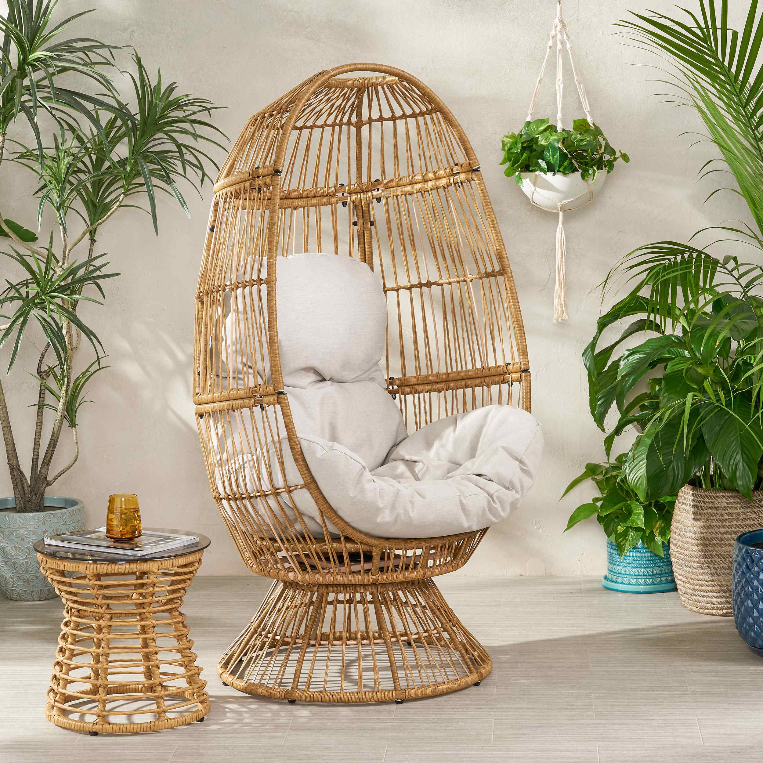 Wicker Outdoor Patio Swivel Egg Chair with Basket Shape Design and Water-Resistant Cushions, 30.5" L x 28" W x 58" H, Natural