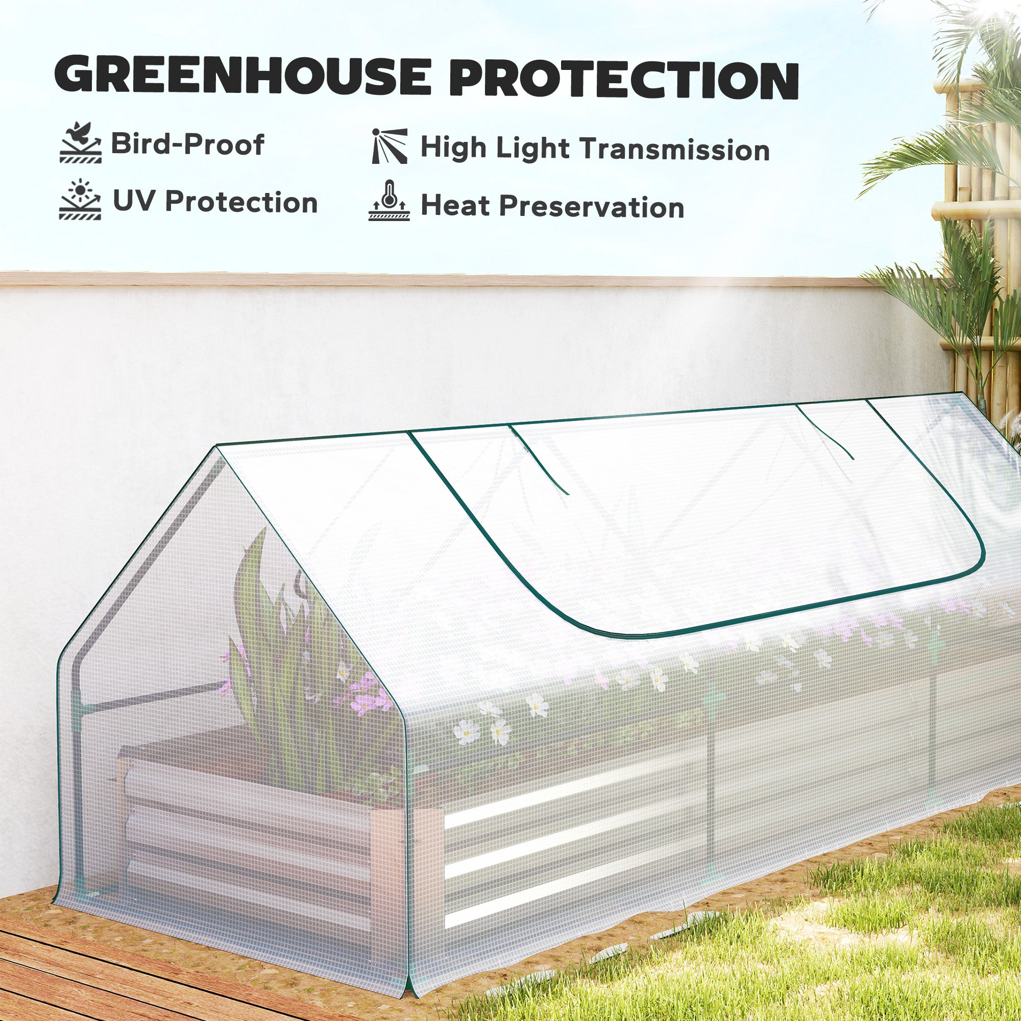 8.6 x 3 x 1ft Metal Planter Box with Mini Greenhouse, Galvanized Raised Garden Bed with Cover for Herbs and Vegetables, Small Greenhouse for Patio Garden Balcony, White and Silver